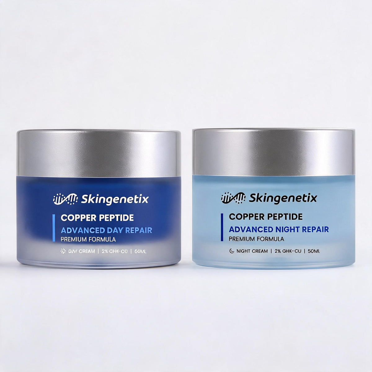 Skingenetix Day & Night Copper Peptide (GHK-Cu) Duo Set - the day and night creams on a lit bathroom ledge beneath a backlit mirror
