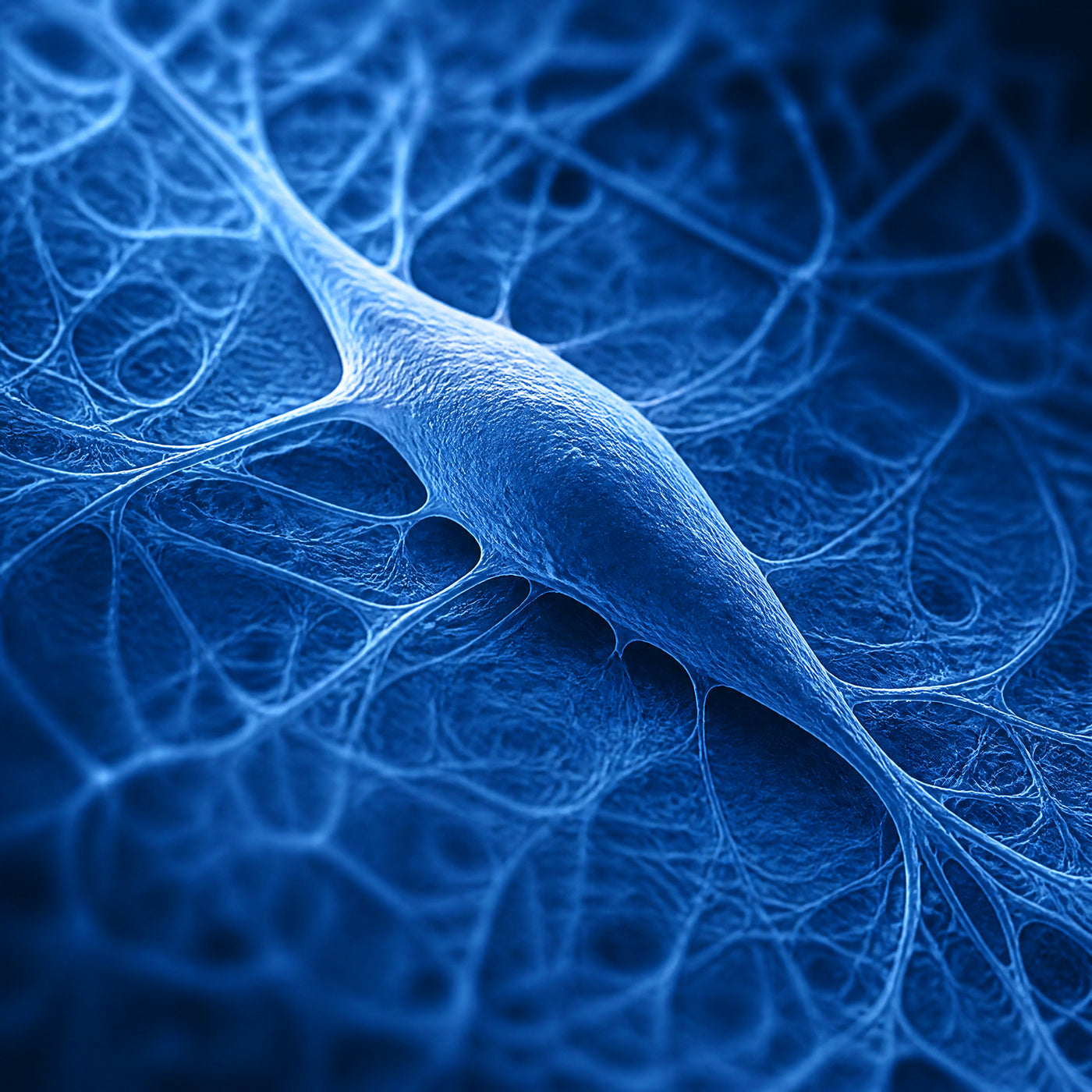 Spindle-shaped fibroblast cell embedded in a fine collagen matrix network, imaged in clinical blue, representing how the copper peptide GHK-Cu supports the skin's collagen structure