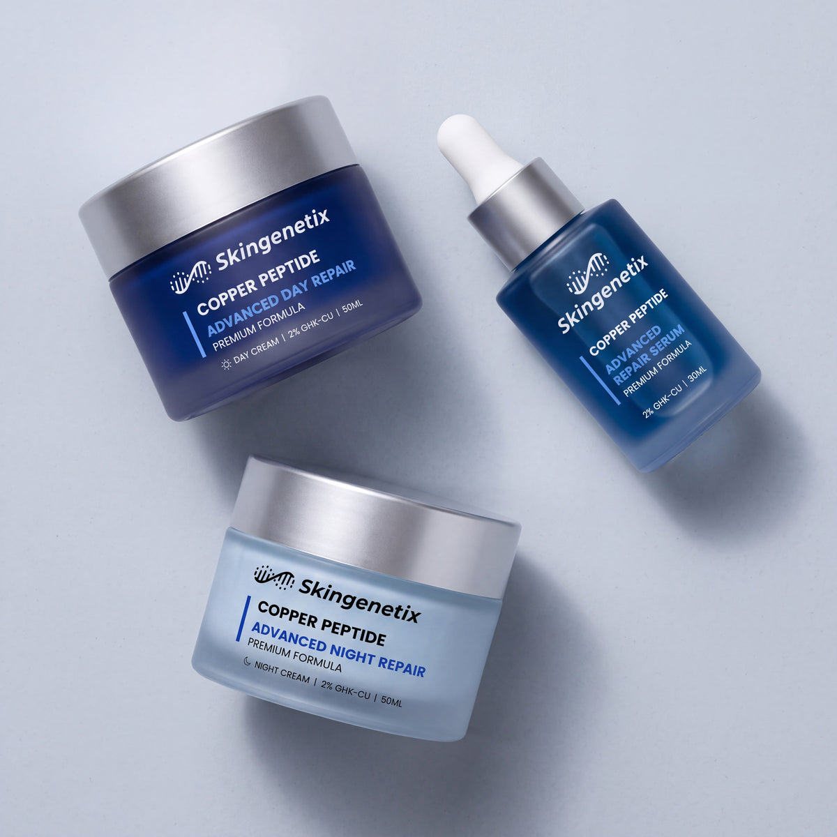 Skingenetix Complete Copper Peptide (GHK-Cu) Day & Night Skincare Routine - the three products photographed from above on pale stone
