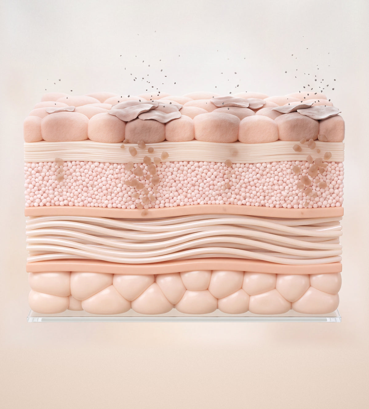 Cross-section diagram of skin showing what causes dull, uneven tone: soft brown pigment clusters gathering in the granular layer, grey oxidative-stress particles settling onto the surface, and dead surface cells piling up as cell turnover slows.