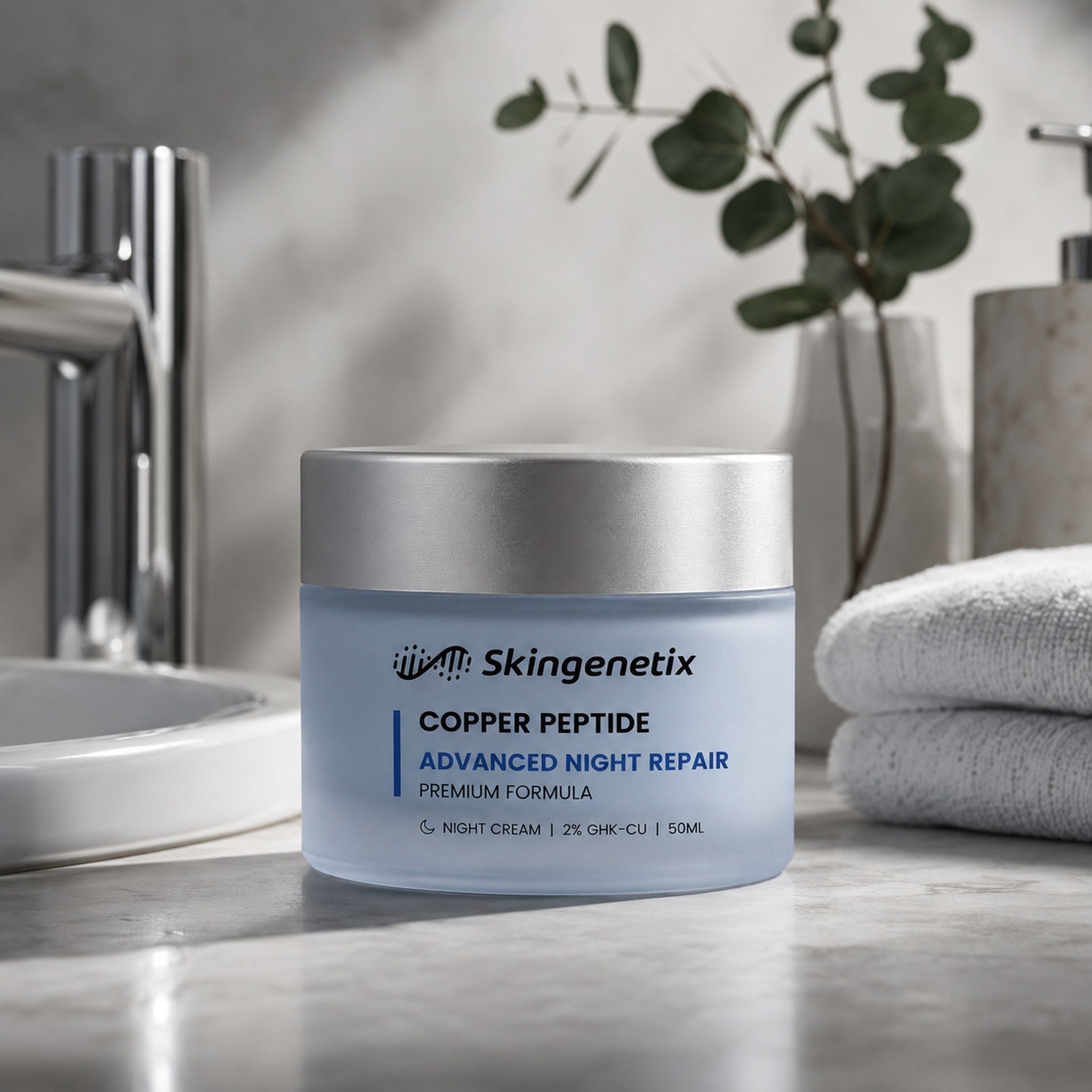 Skingenetix copper peptide night cream on a bathroom shelf