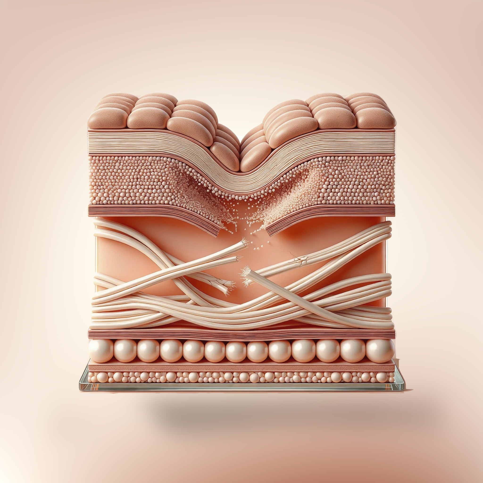 Illustration of a cross-section of skin, with the collagen and elastin fibres thinned and broken beneath a deep crease in the surface, on a smooth even blush background