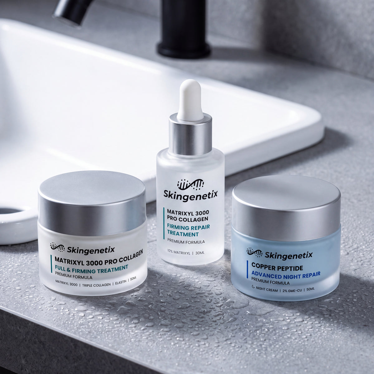 Skingenetix Complete Firming & Skin Density Day & Night Routine - the firming routine on a stone basin surround with water droplets