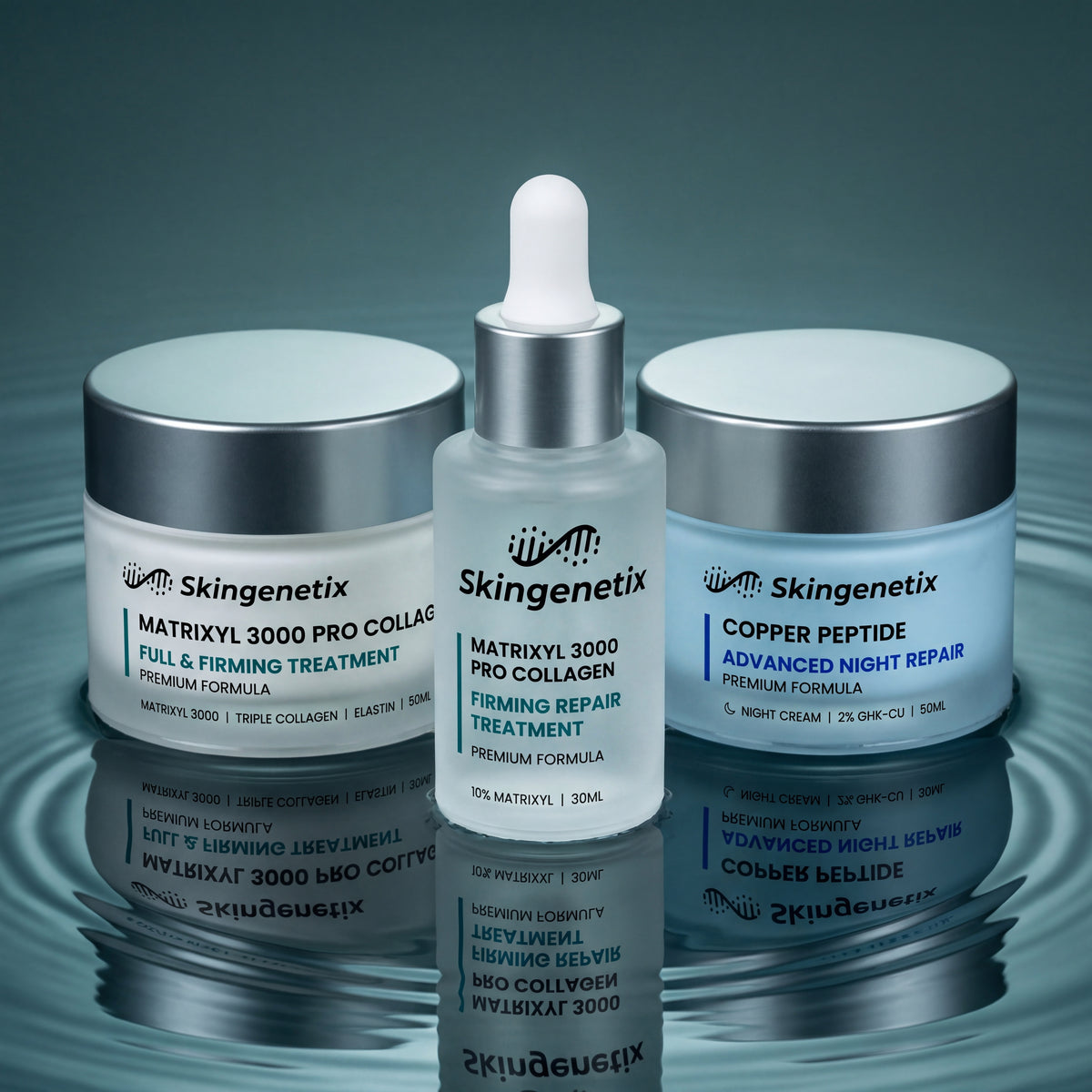 Skingenetix Complete Firming & Skin Density Day & Night Routine - the firming routine standing in shallow rippled water