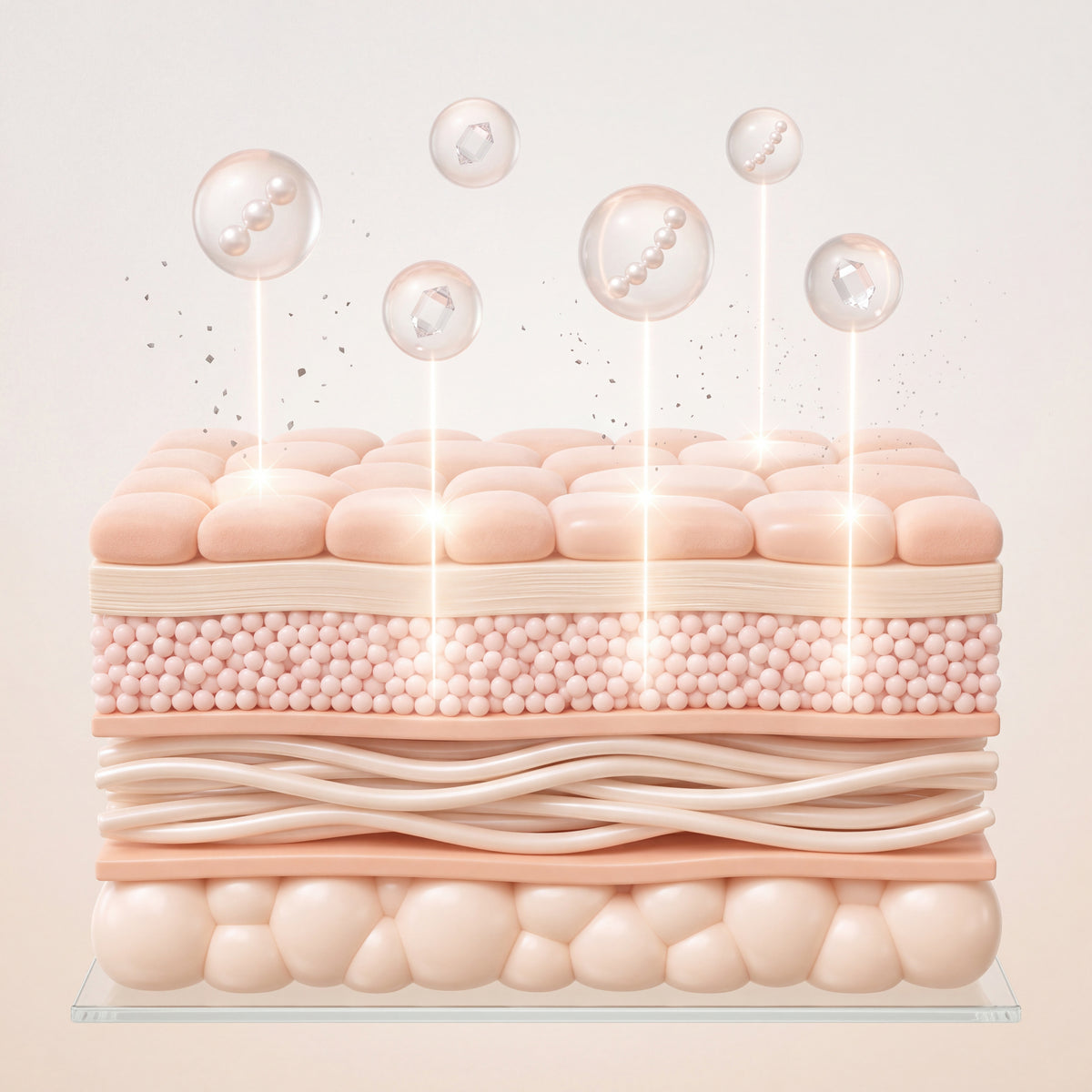 Cross-section diagram of the antioxidant approach to brightening: glutathione tripeptide chains, vitamin C crystals and supporting peptides descending in glassy spheres into the skin's surface layers, breaking up grey oxidative-stress particles as they arrive.