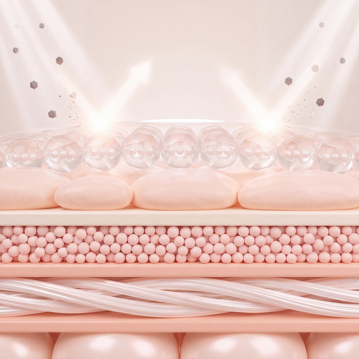 Illustrated cross-section of skin with a continuous layer of clear spheres resting on the surface, each holding a three-bead glutathione molecule, turning away shafts of daylight and dark airborne particles