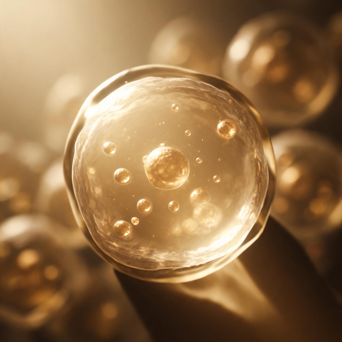 Single skin cell glowing warm champagne gold under laboratory light, representing glutathione antioxidant and brightening research