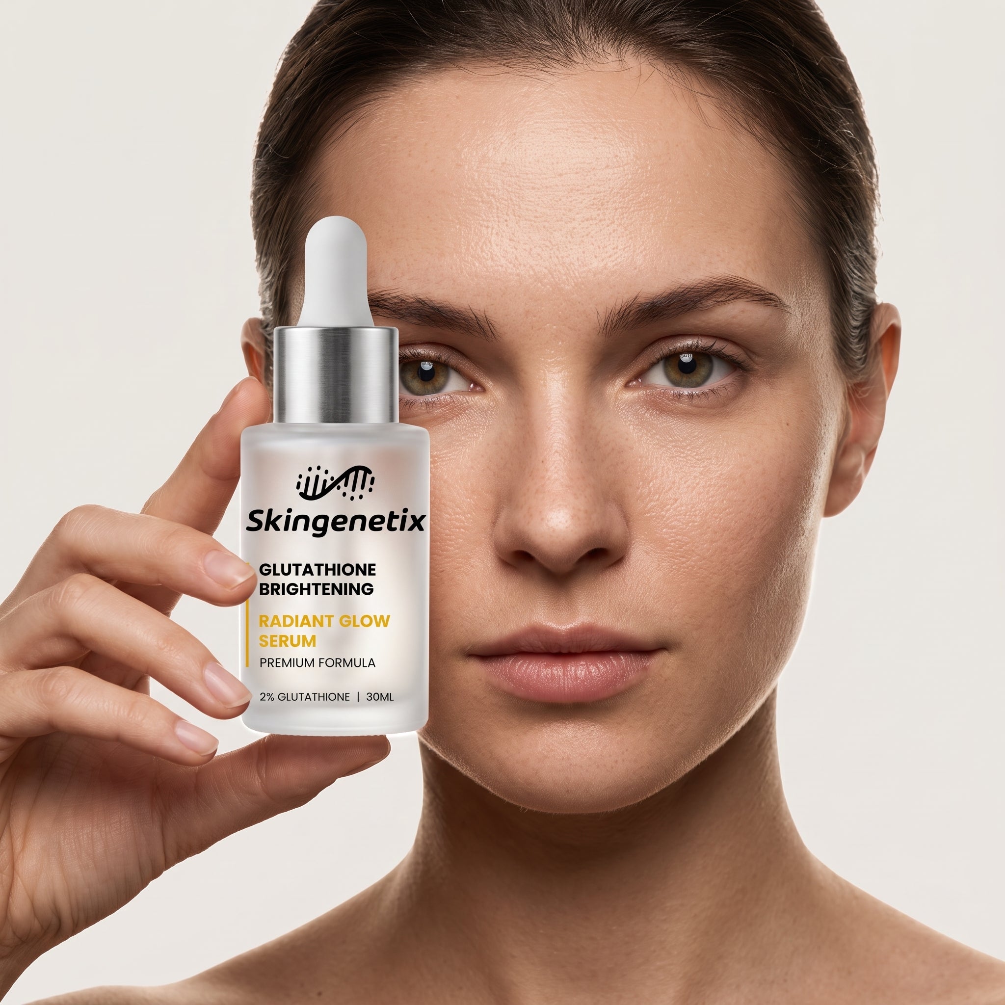 A model holding the Skingenetix Glutathione Brightening Radiant Glow Serum, 2% glutathione, 30ml, up beside her eye in close-up