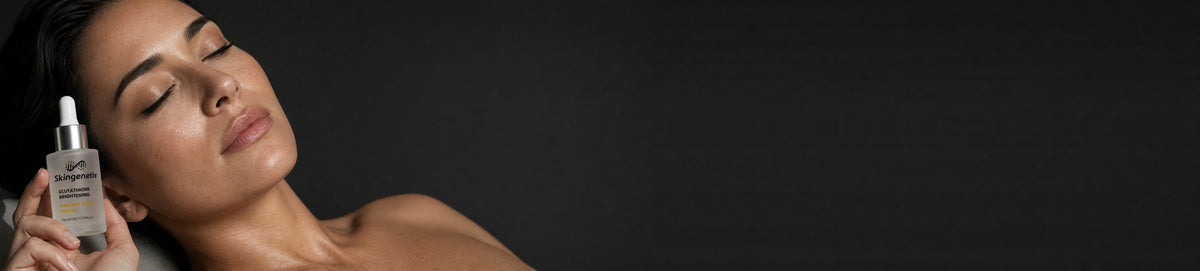 Woman with luminous skin resting back holding the Skingenetix Glutathione Brightening Radiant Glow Serum