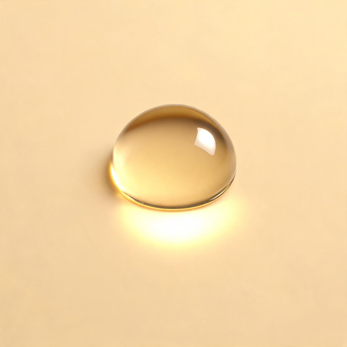 A single golden droplet resting on a champagne-coloured surface