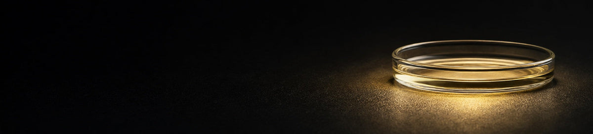 A glass petri dish of golden solution lit on a dark bench