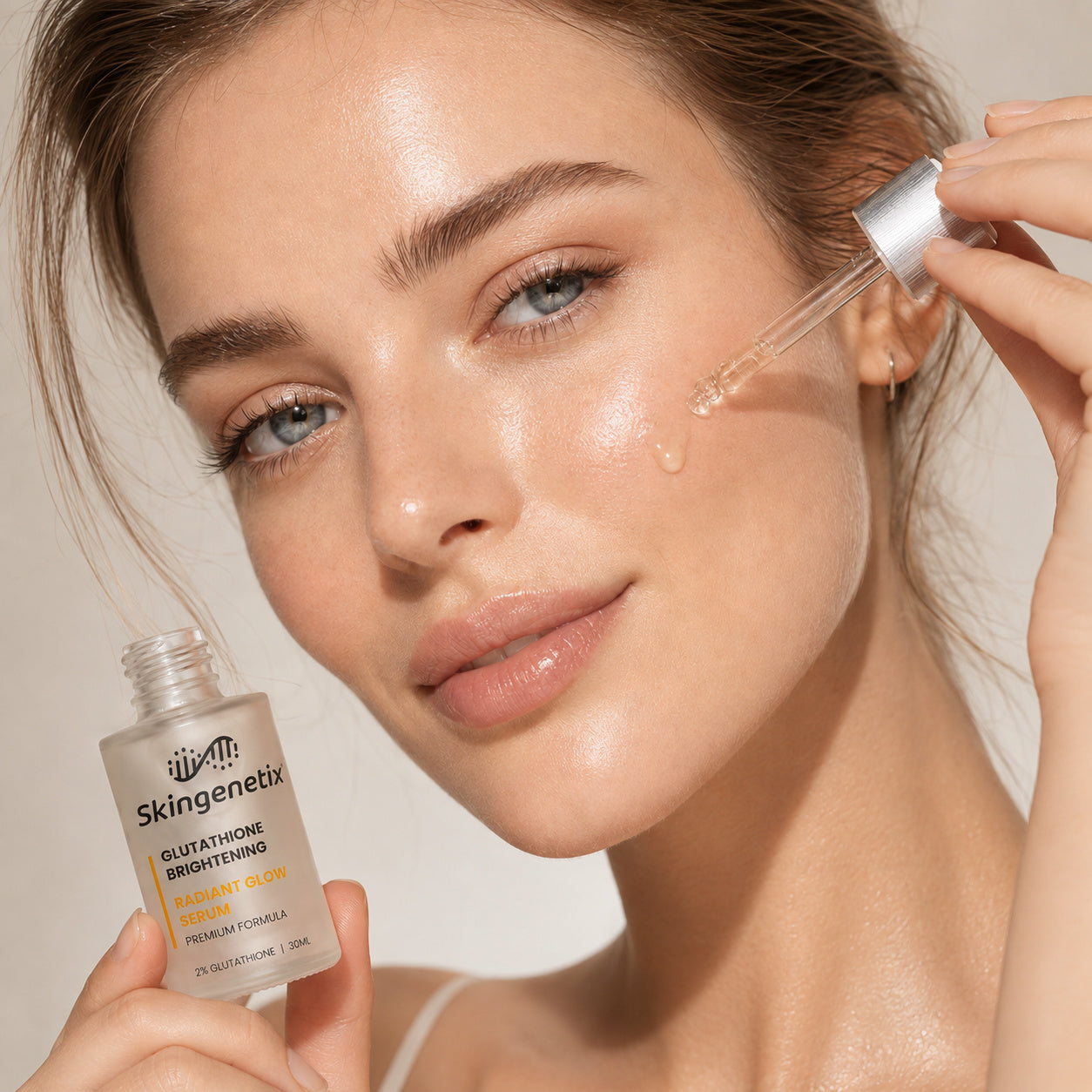 Woman applying Skingenetix Glutathione Radiant Glow Serum to her cheek with a dropper, holding the bottle in her other hand