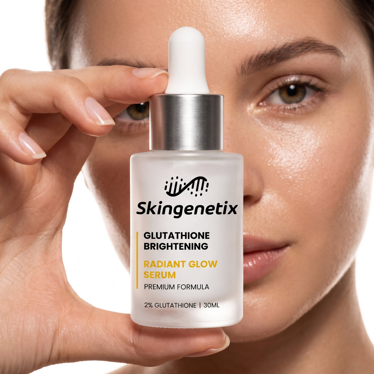 Woman holding a 30ml frosted glass bottle of Skingenetix Glutathione Brightening Radiant Glow Serum up beside her eye and cheek