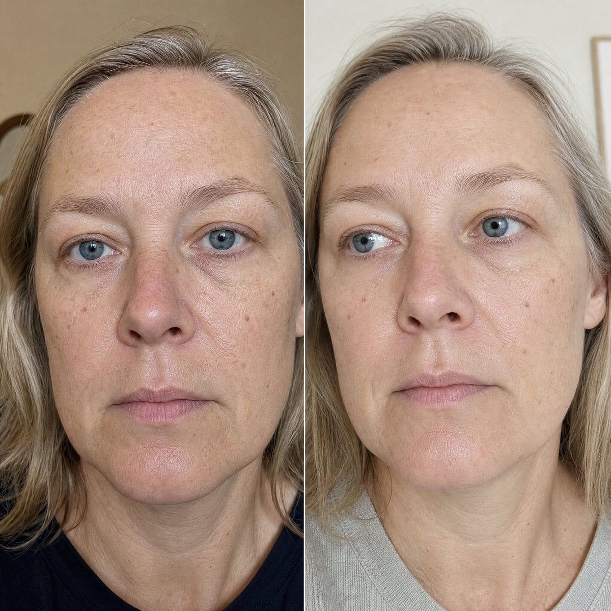 Illustration: two close photographs of the same woman's face taken weeks apart side by side, the later one showing more even-looking skin tone across the nose and cheeks while her freckles and cheek mole remain unchanged