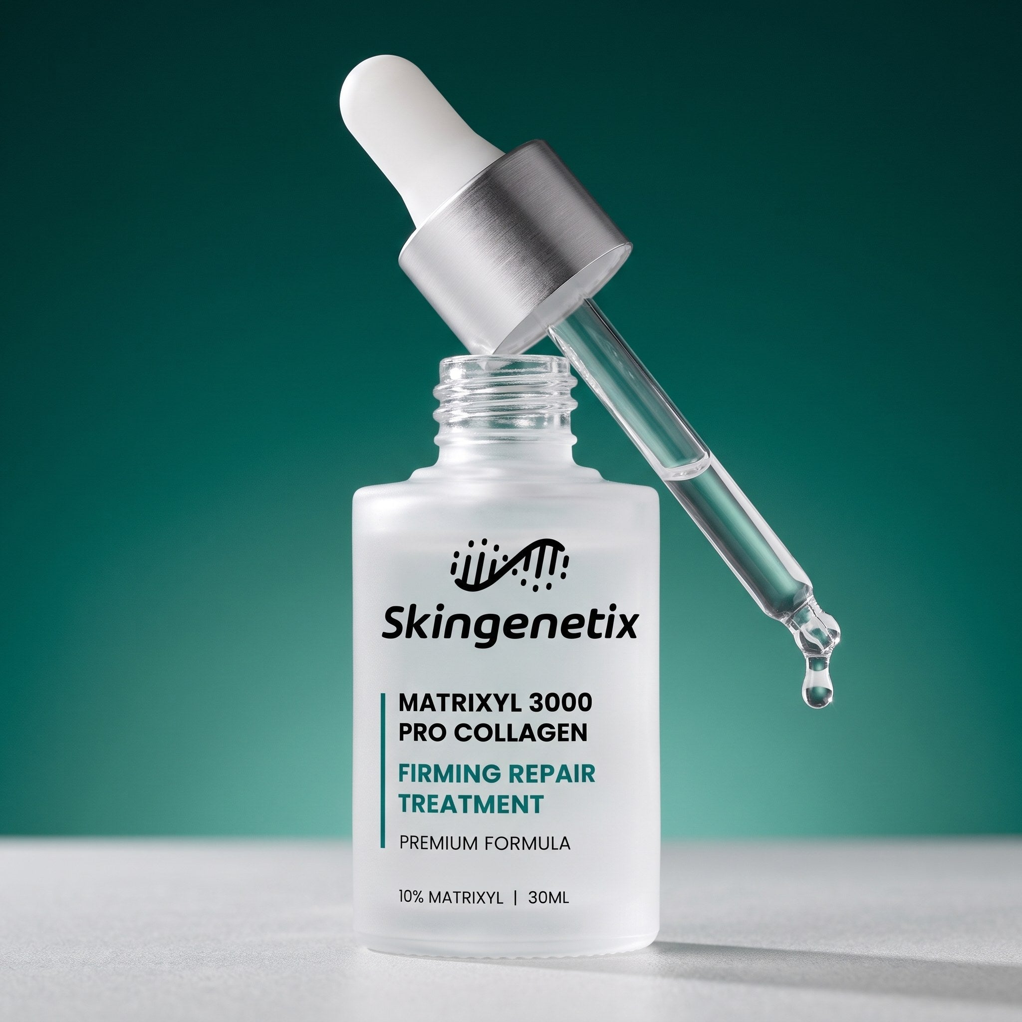 Skingenetix Matrixyl 3000 Pro Collagen Serum, 10%, 30ml - pipette lifted clear with a drop forming