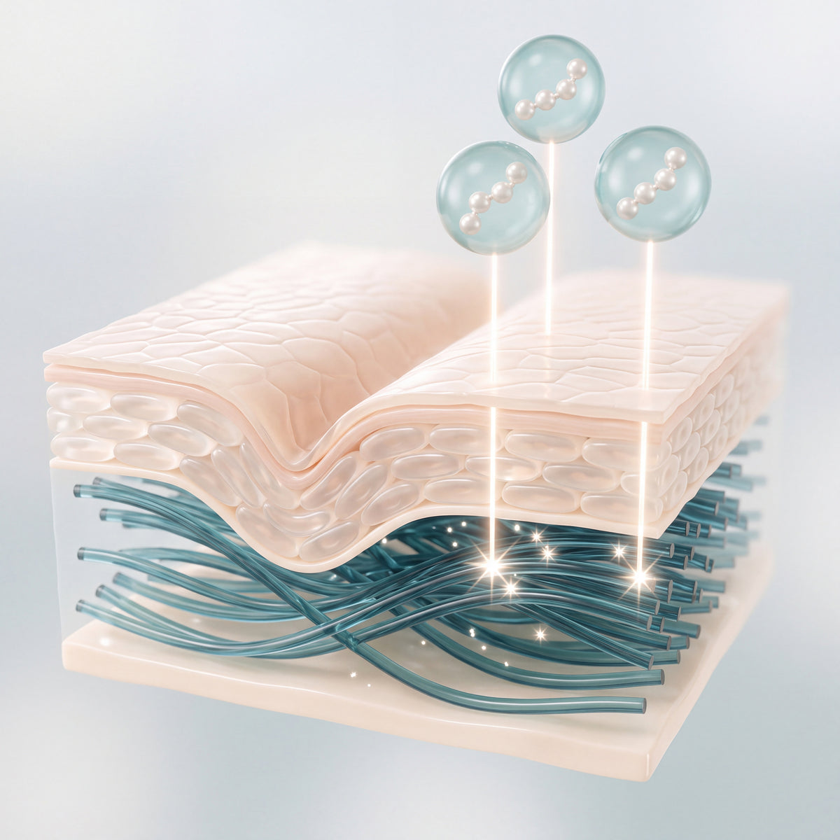 3D illustration of a skin cross-section, the surface line softer where the teal collagen network beneath is denser - Skingenetix Matrixyl 3000 peptide wrinkle research