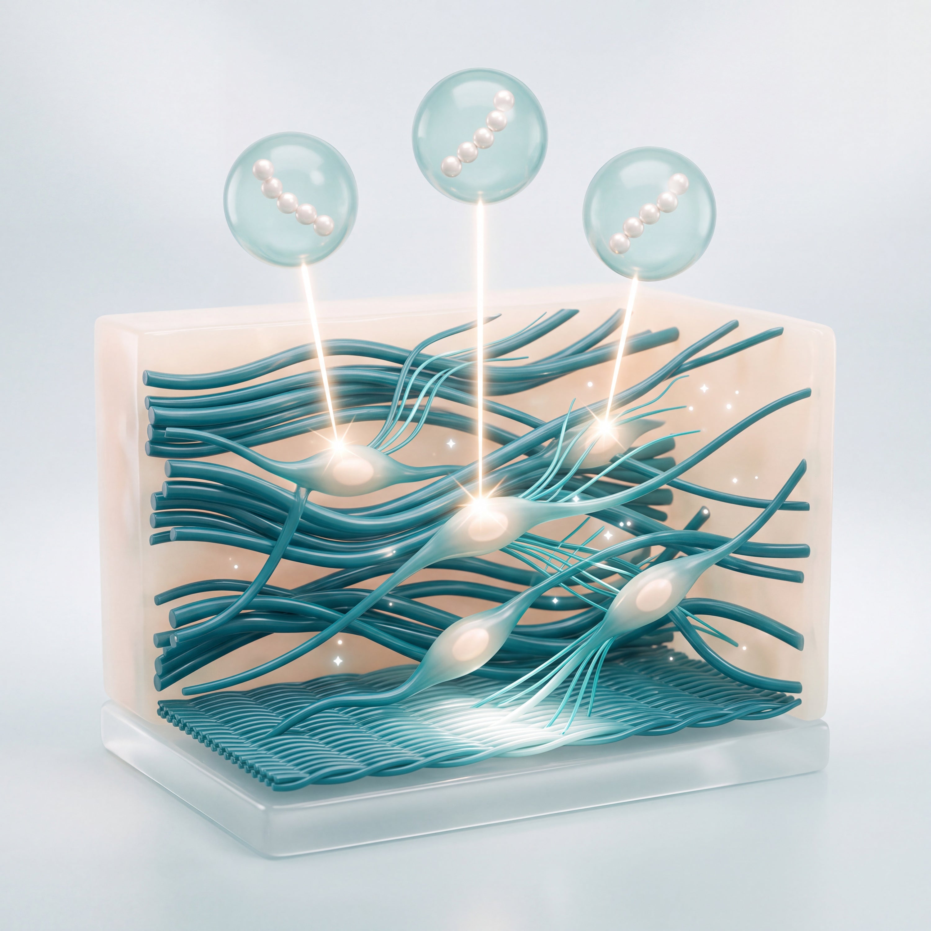 3D illustration of a laboratory skin specimen with lit cells extruding new teal collagen fibres - Skingenetix Matrixyl 3000 peptide in-vitro collagen research