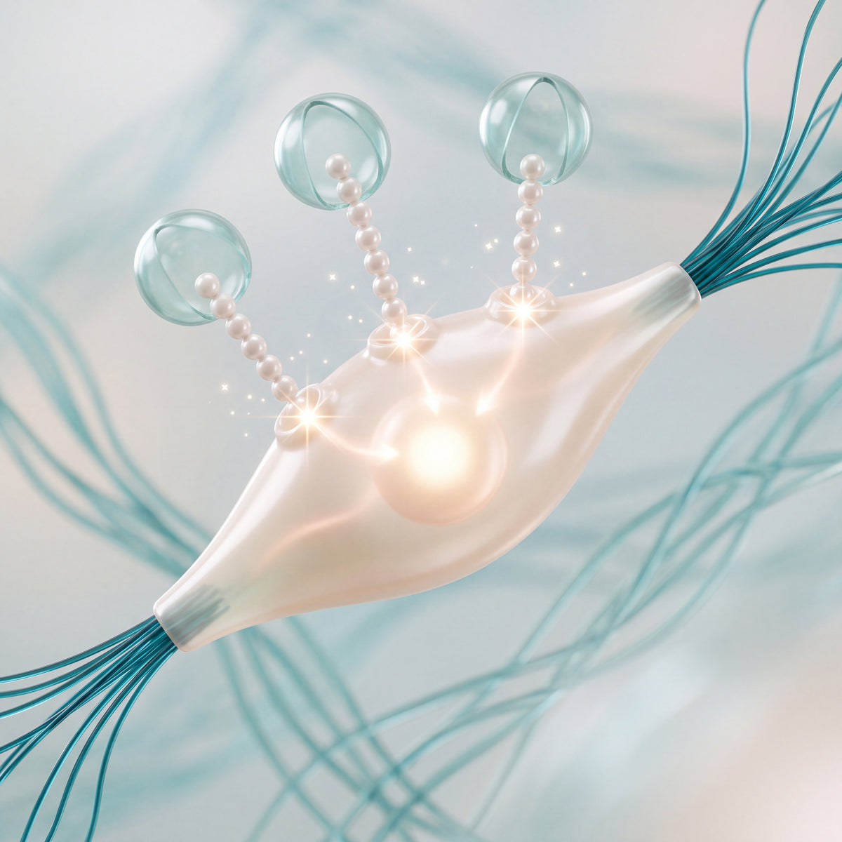 3D illustration of a peptide chain docking into a skin cell that streams out new teal collagen fibres - Skingenetix Matrixyl 3000 peptide signalling research
