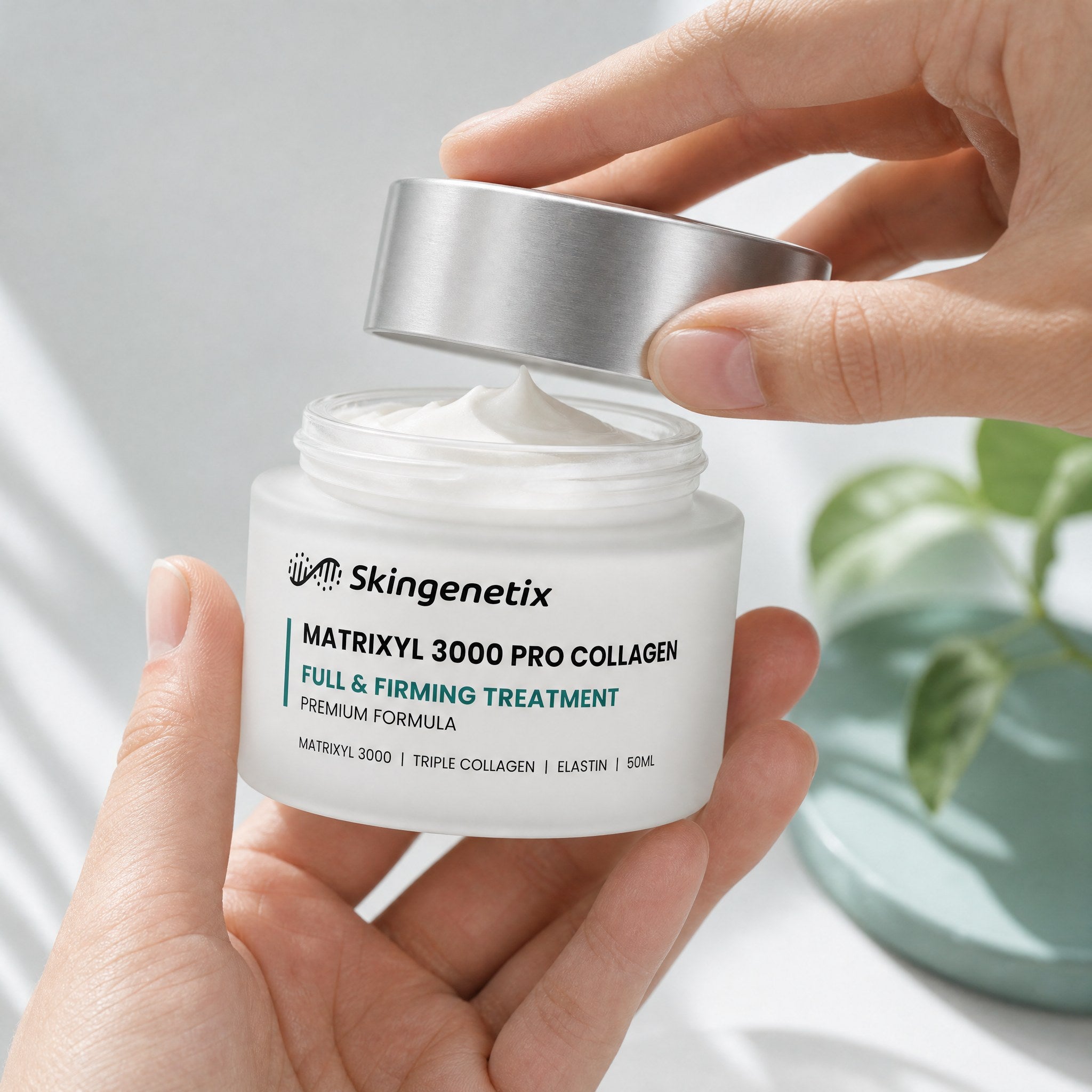 Two hands holding an open frosted glass jar of Skingenetix Matrixyl 3000 Pro Collagen Full & Firming Treatment, 50ml, lifting the silver lid to show the white cream inside