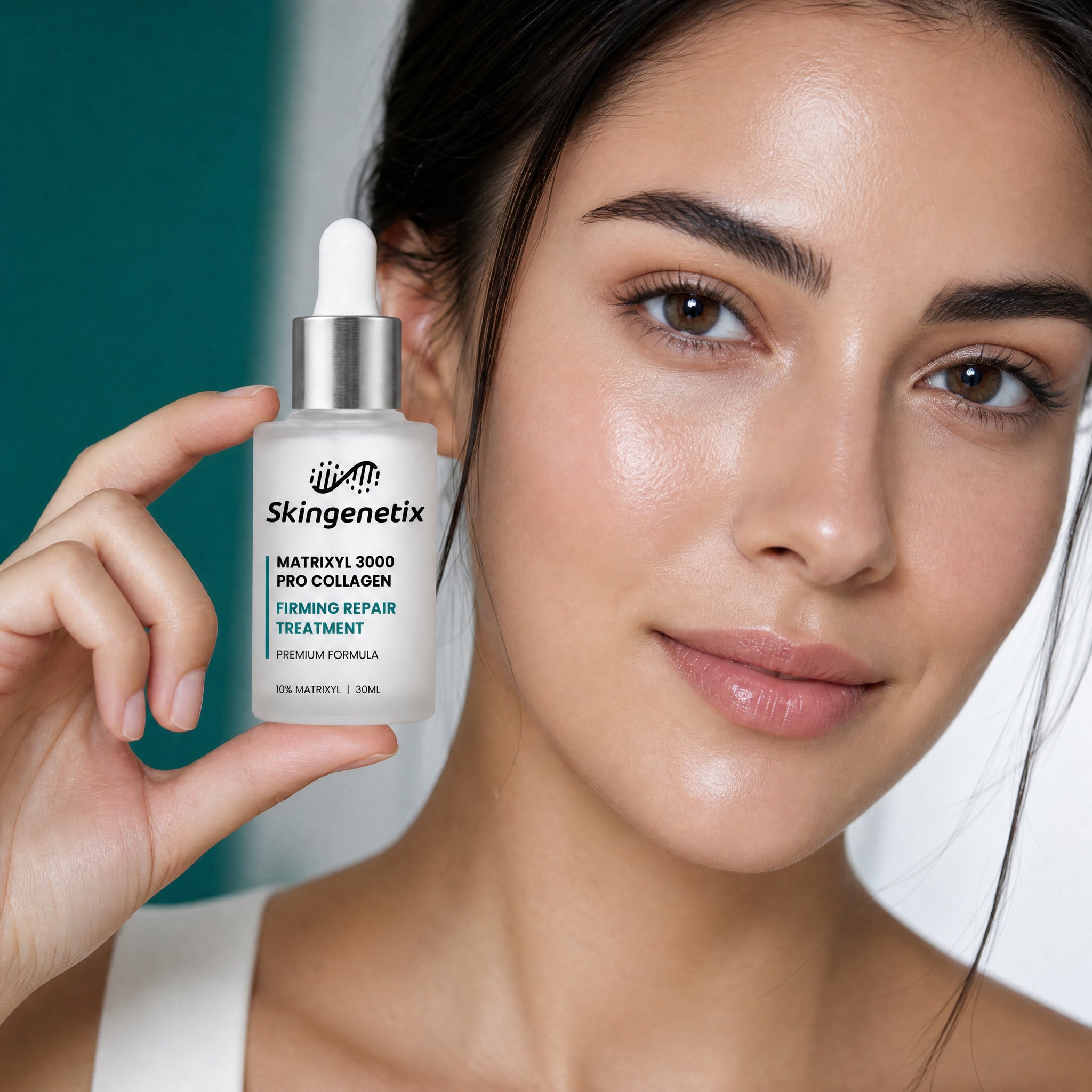A model holding the Skingenetix Matrixyl 3000 Firming Serum, 30ml, up beside her cheek in close-up