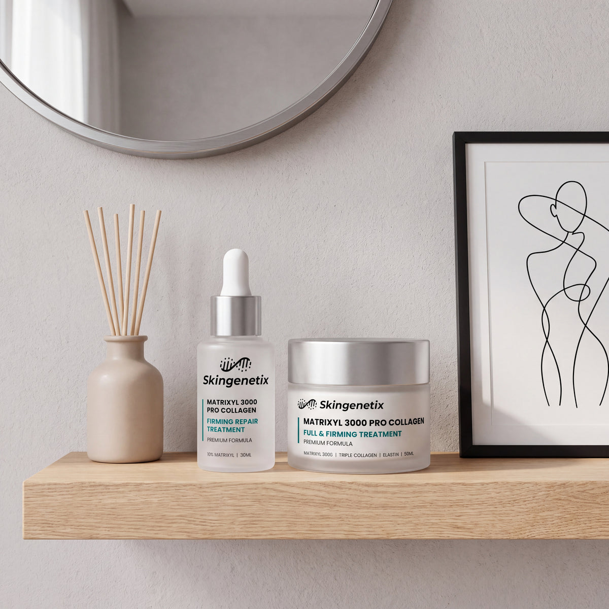 Skingenetix Full Matrixyl 3000 Ritual - Serum & Cream - the firming serum and cream styled on an oak bathroom shelf