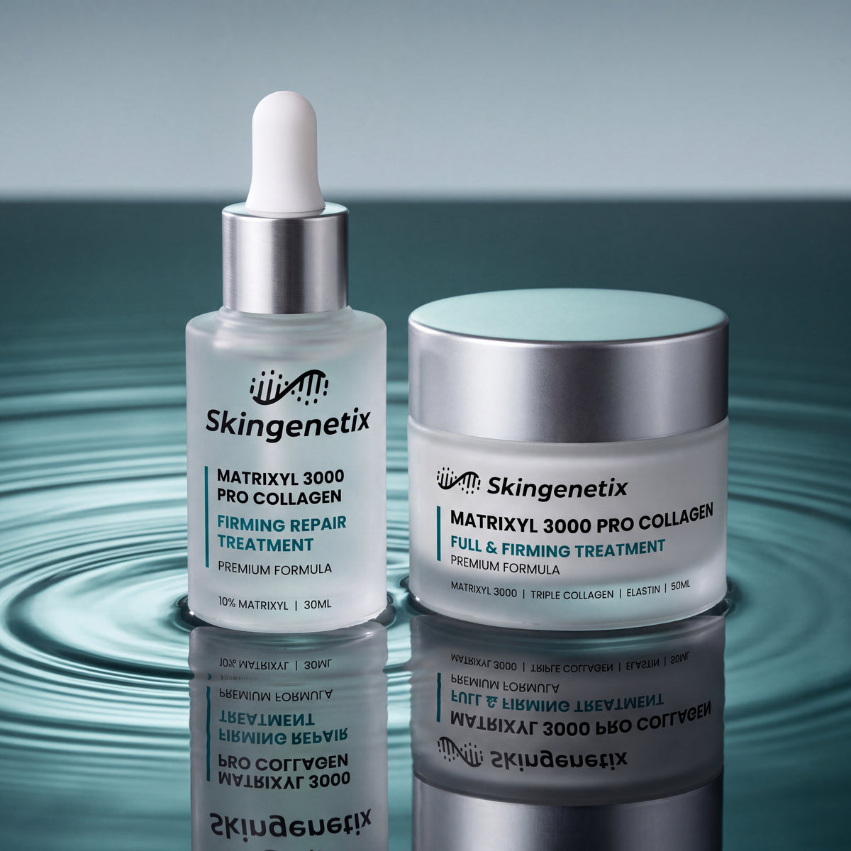 Skingenetix Full Matrixyl 3000 Ritual - Serum & Cream - the firming serum and cream standing in shallow rippled water