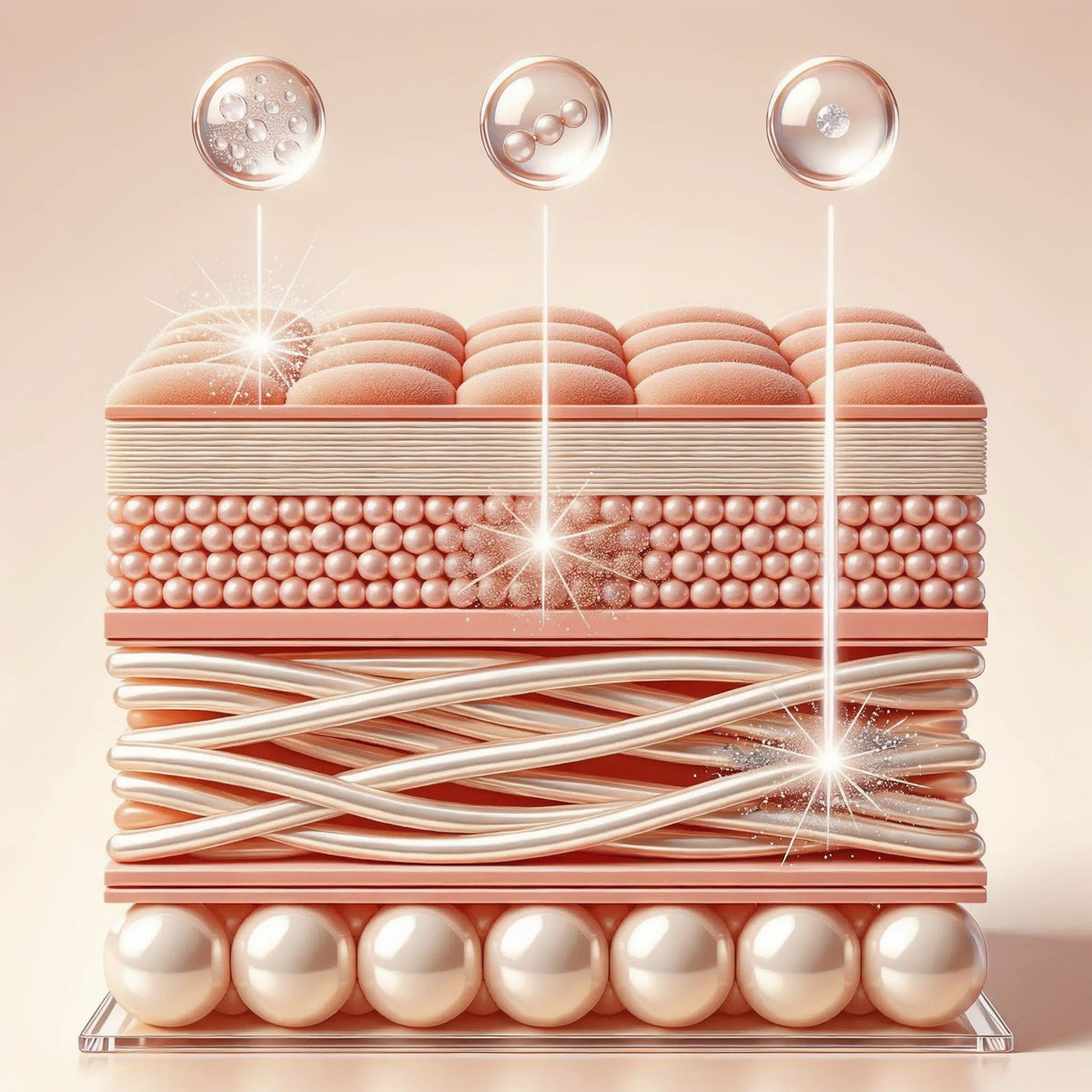 Illustrated cross-section of skin showing the multi-pathway brightening system: three spheres above the surface releasing water droplets, a glutathione peptide chain and a vitamin C crystal, each descending to a different layer of the skin.