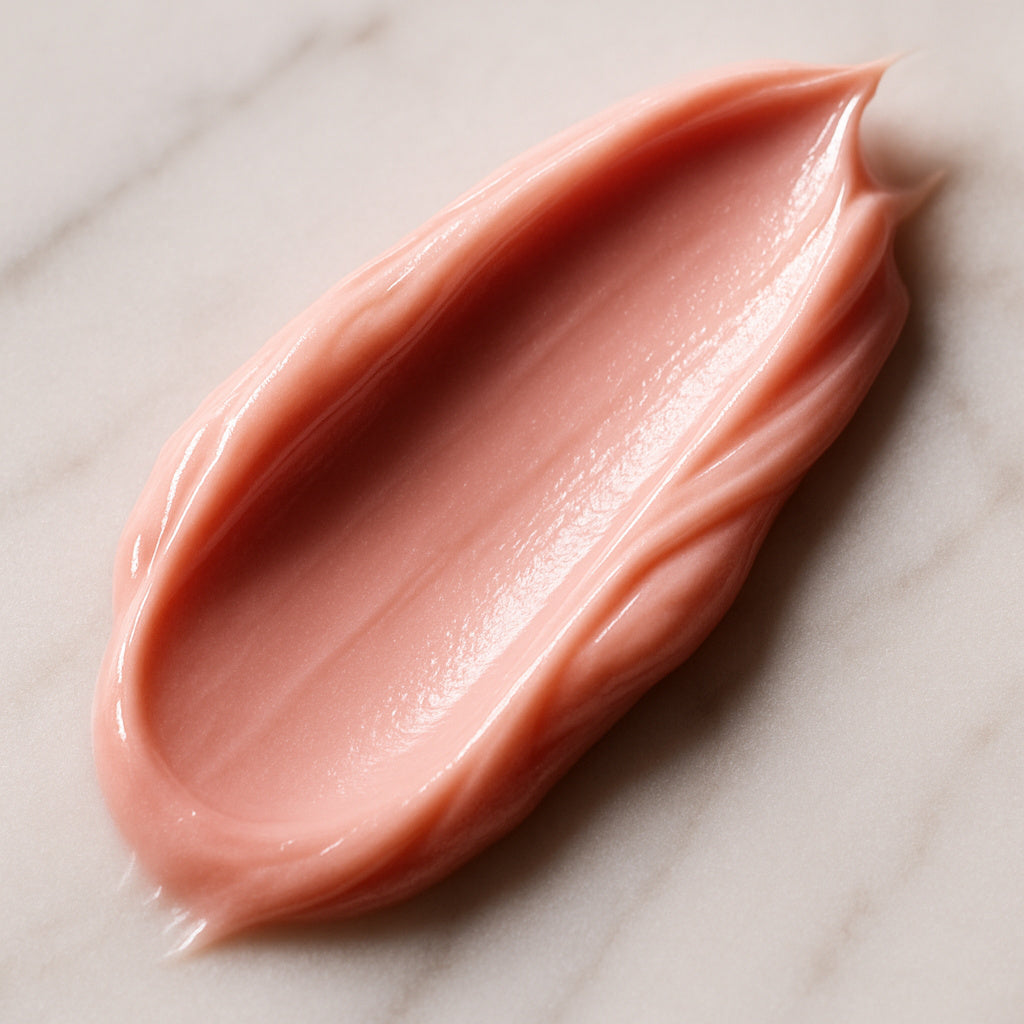 A swatch of pink PDRN cream on marble