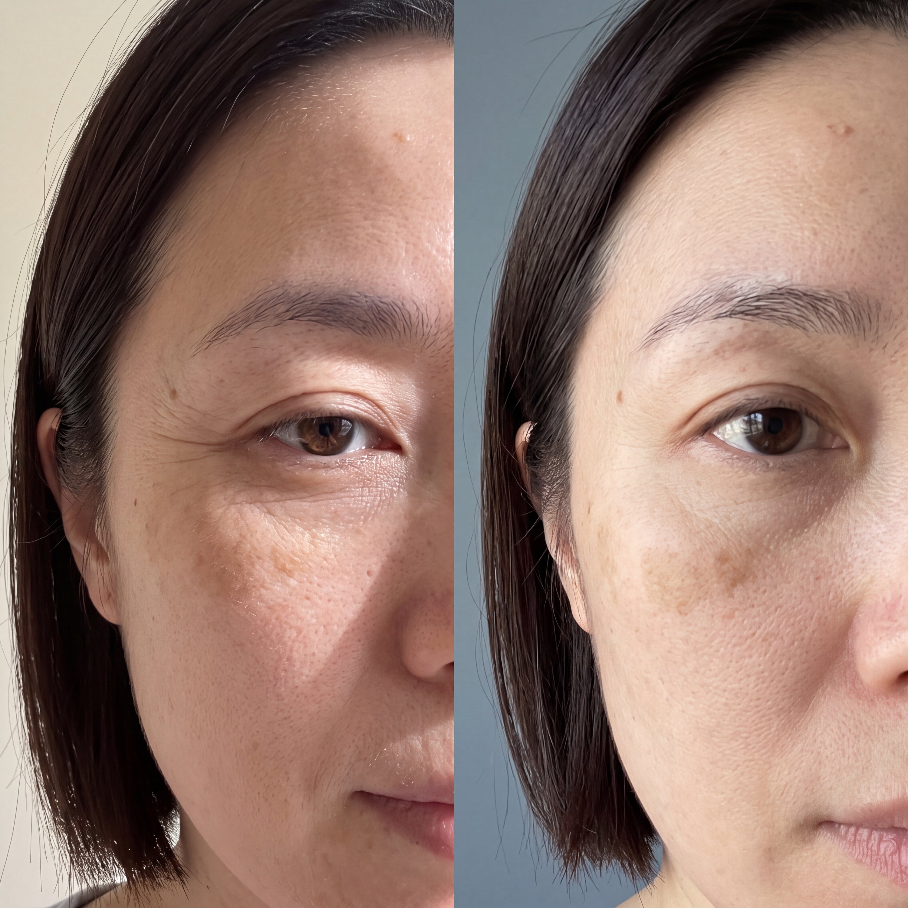 Two close-up photographs of the same woman's eye taken four weeks apart, side by side, the fan of lines at the outer corner less deeply etched in the later image. Illustration accompanying the PDRN research summary.