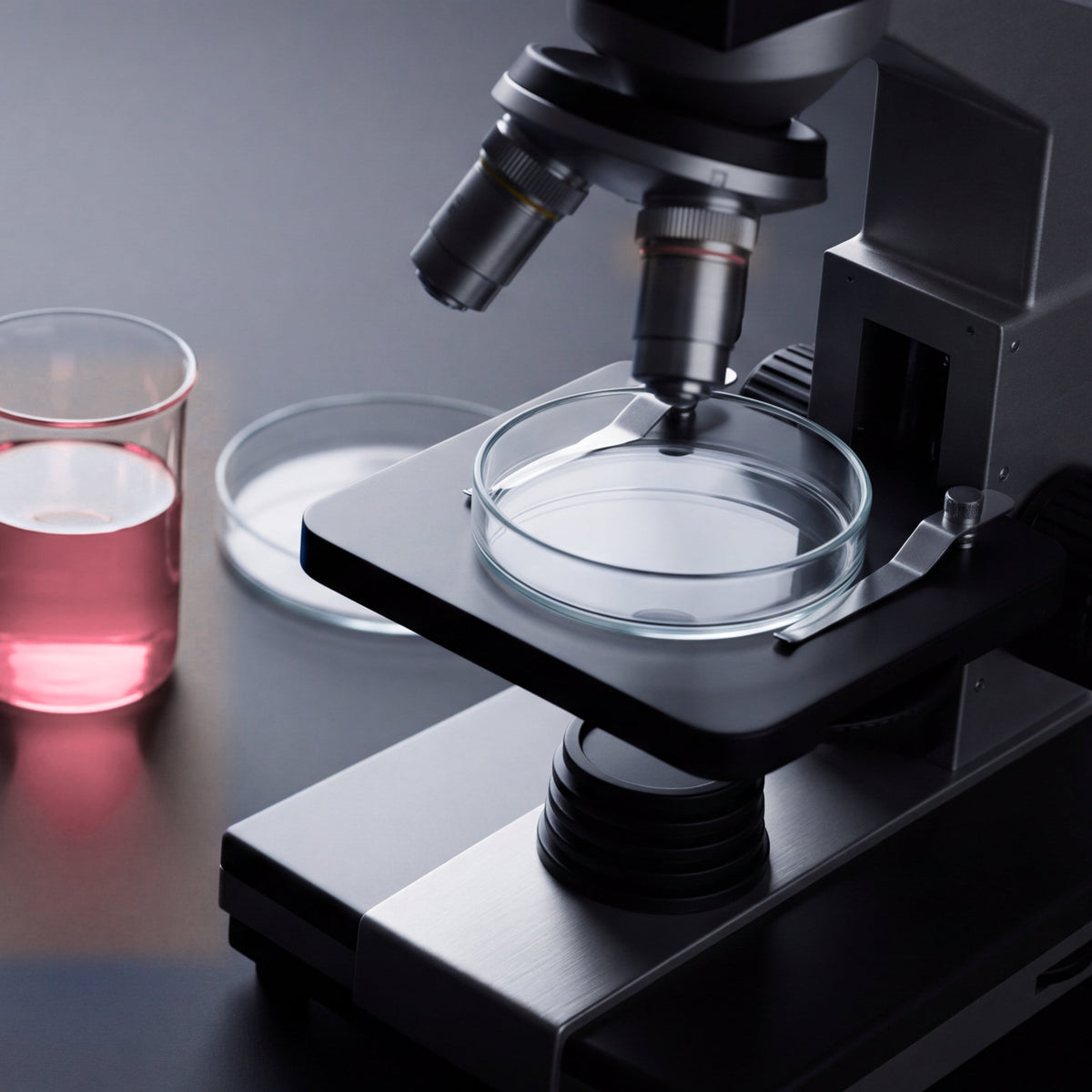 Laboratory microscope with a glass petri dish beside a beaker of rose-pink solution, representing PDRN tests on human skin samples
