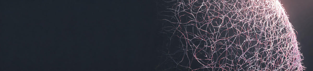 Fine rose strands knitting into a closed mesh on a graphite ground, representing skin repairing itself