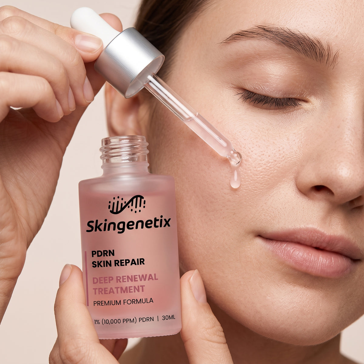 Close-up of a woman with her eyes closed applying Skingenetix PDRN 1% Renewal Serum to her cheek with a glass dropper, holding the 30ml frosted pink bottle
