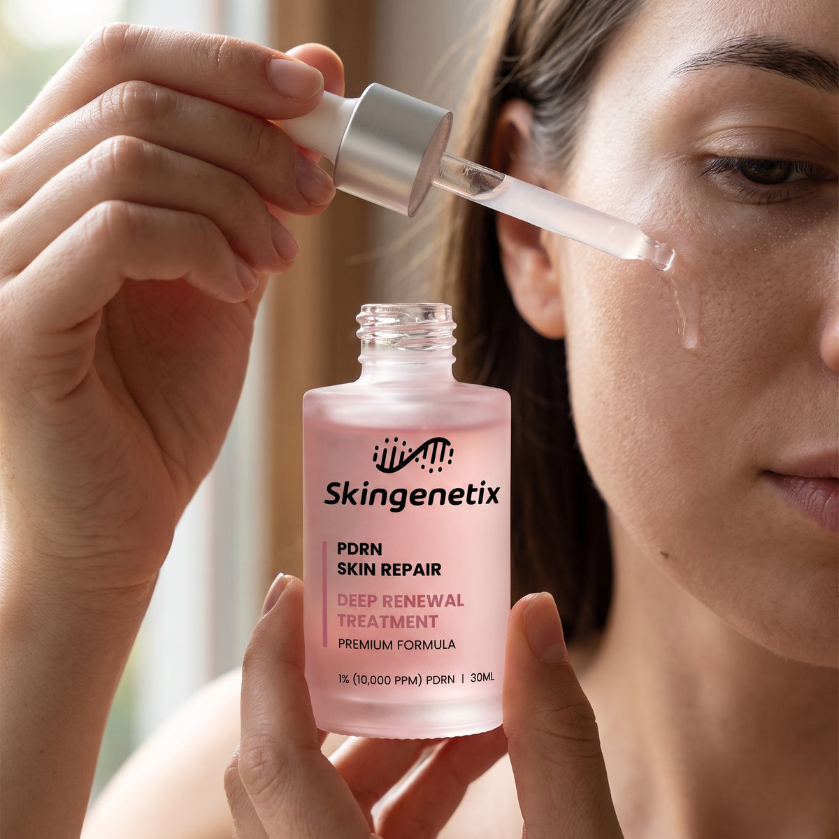 A model applying Skingenetix PDRN 1% Renewal Serum to her cheek with the glass dropper, holding the pink bottle in her other hand