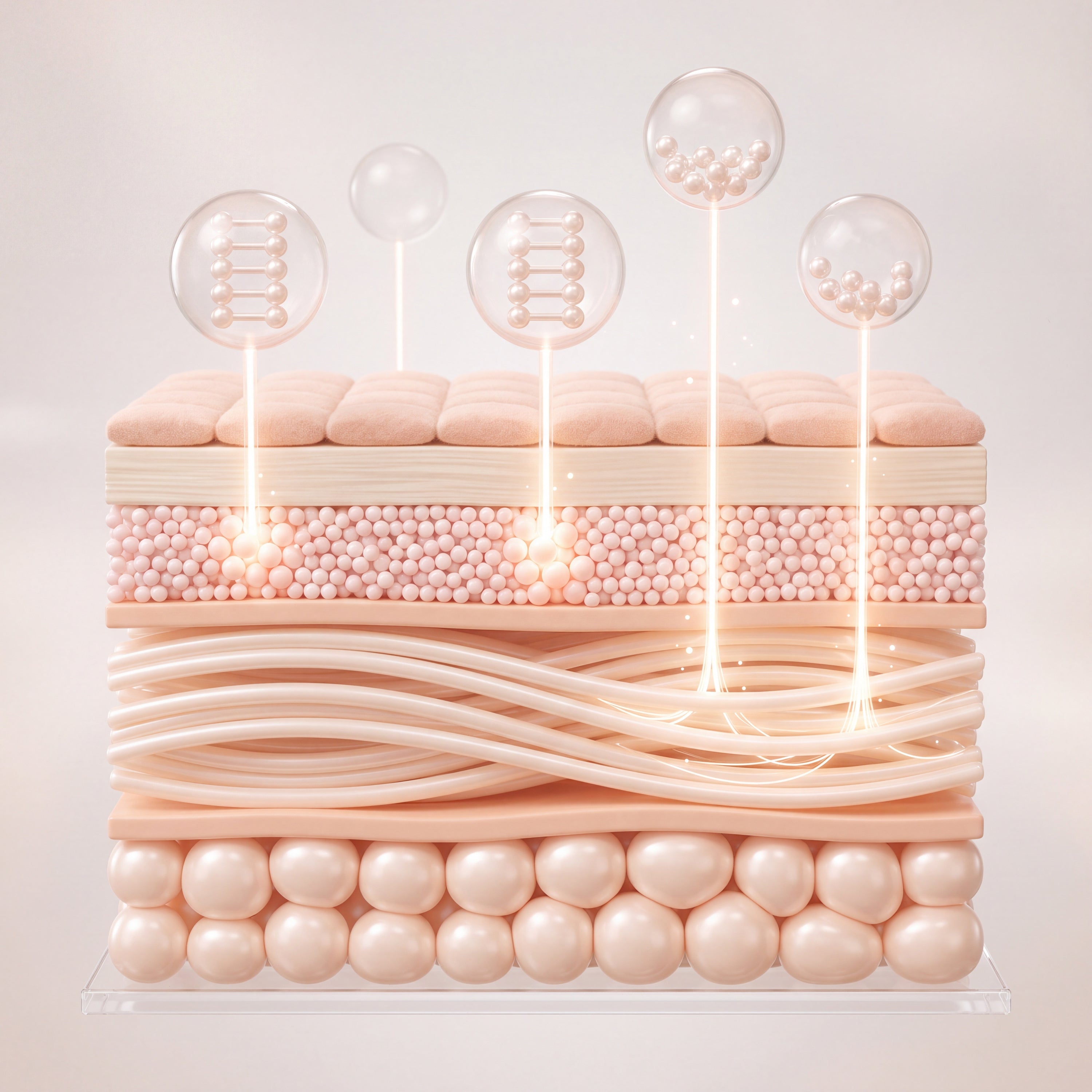 Cross-section diagram of skin showing PDRN polynucleotide ladders held in clear spheres above the surface, with light reaching the cell layer where the granules enlarge and glow, and the deeper collagen fibres thickened and lit from within
