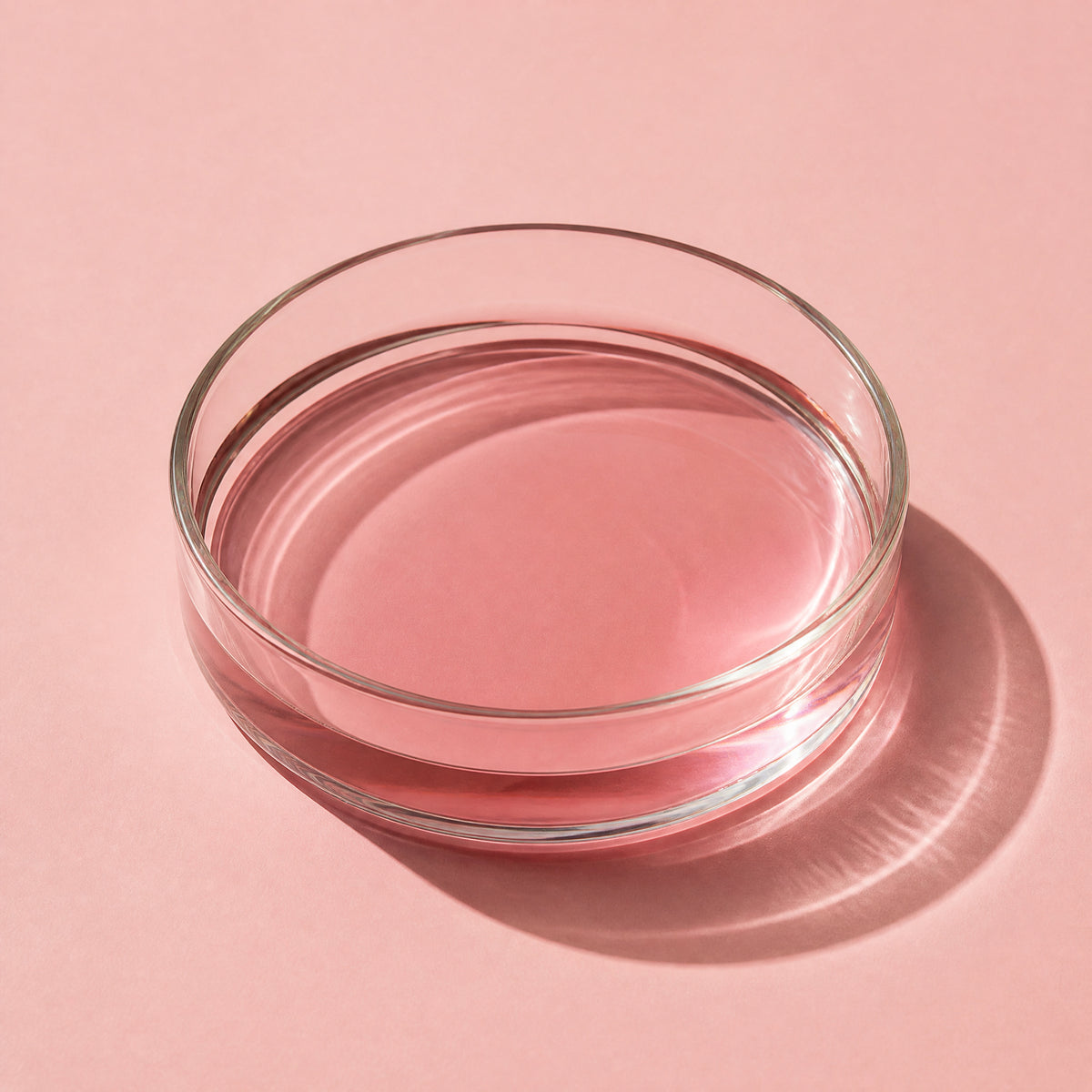 A glass petri dish of pale pink solution on a rose-coloured surface