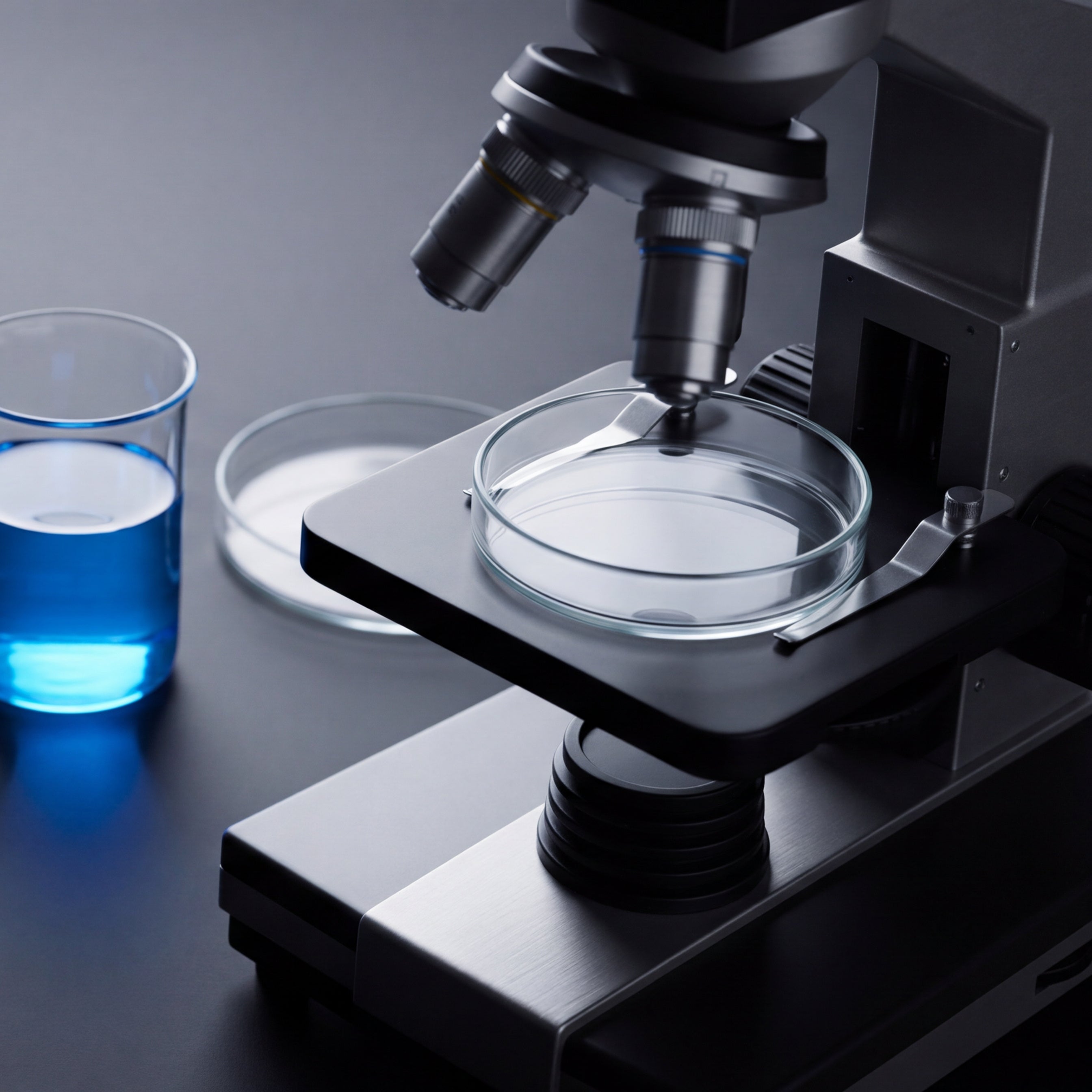 A laboratory microscope with a glass petri dish on its stage and a beaker of blue solution alongside, on a dark graphite bench