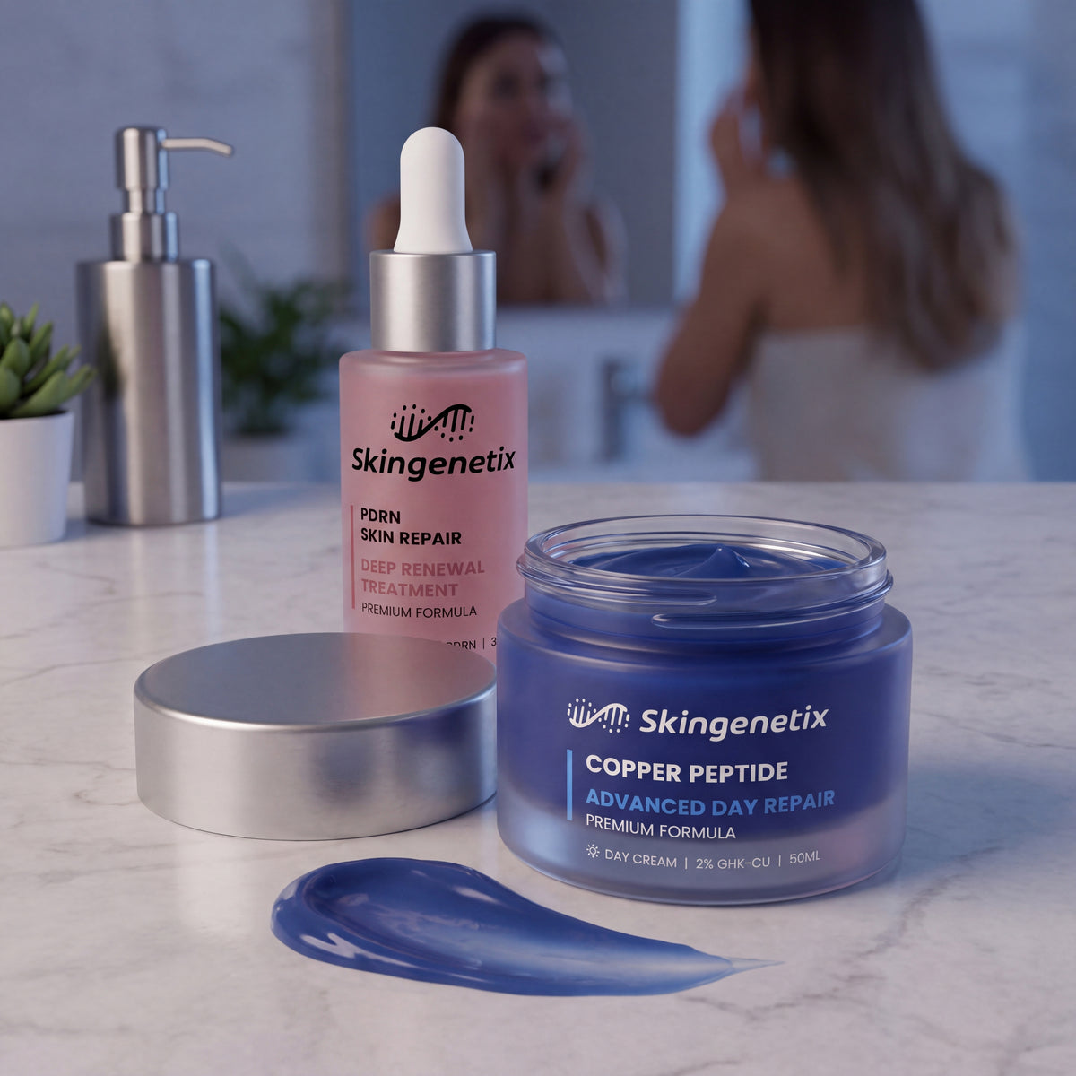 Skingenetix Skin Repair & Renewal Duo Set - the copper peptide day gel-cream open beside a swatch of the blue gel, the PDRN serum behind