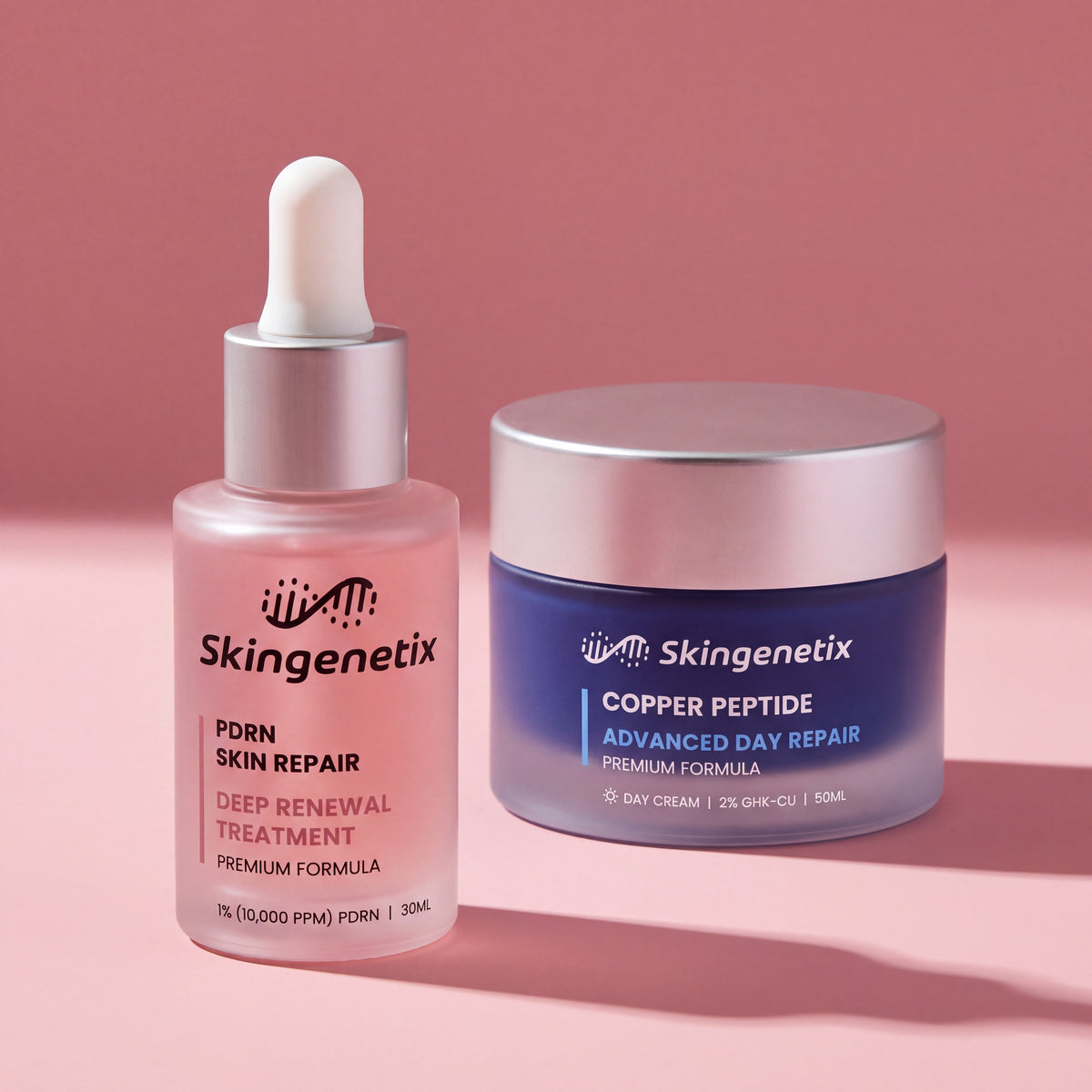 Skingenetix Skin Repair & Renewal Duo Set - the serum and day gel-cream on a rose ground under hard directional light