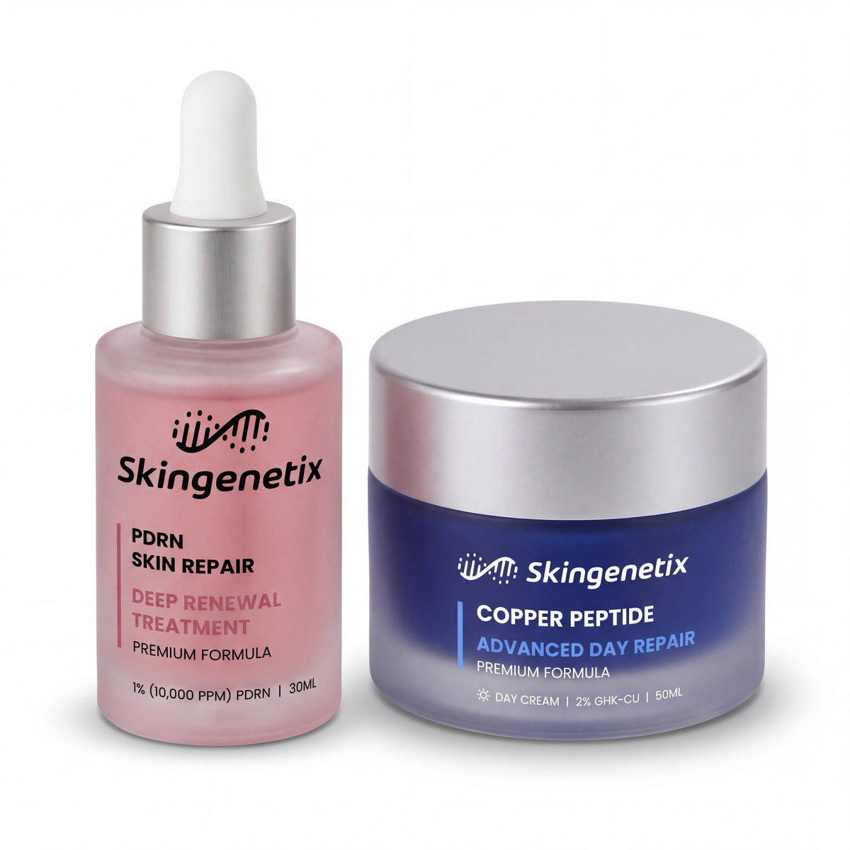 Skingenetix Skin Repair & Renewal Duo Set - the PDRN renewal serum beside the copper peptide day gel-cream on a plain white background