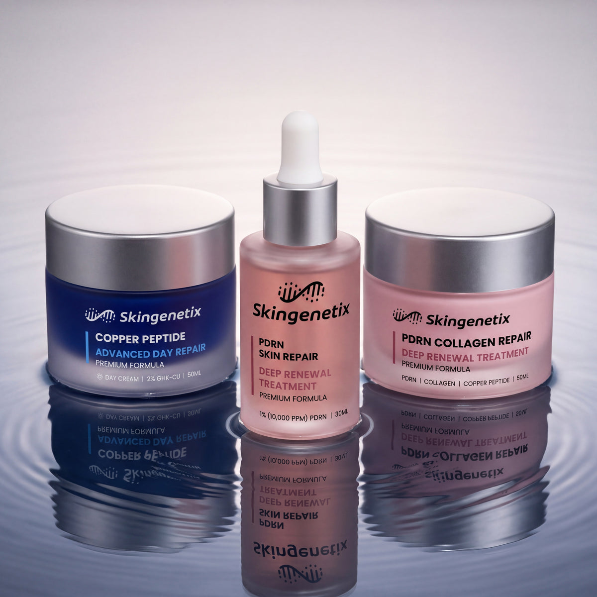 Skingenetix Complete Skin Repair & Renewal Day & Night Routine - the three-step routine standing in shallow rippled water