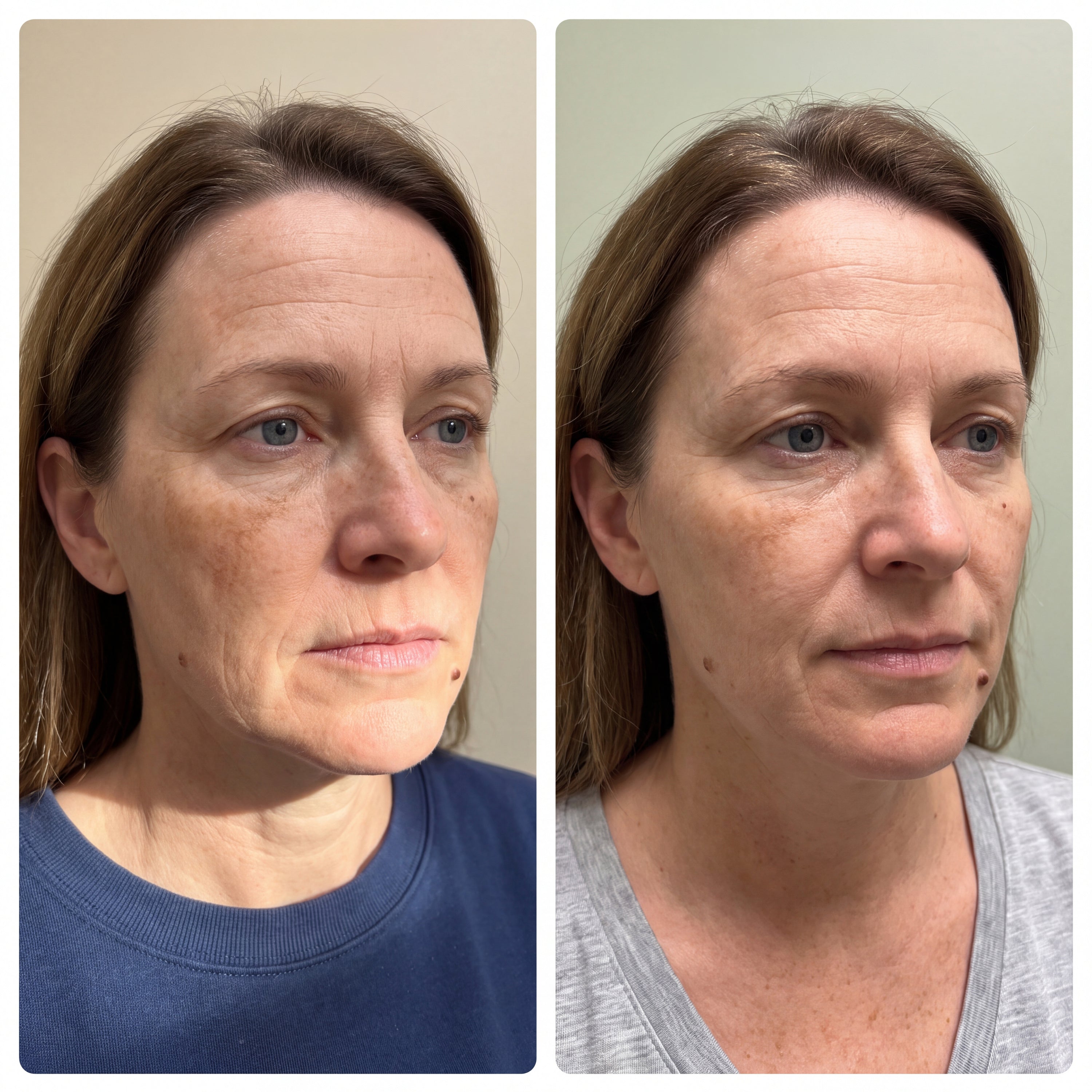 Before and after photographs from a Skingenetix customer, showing a dull, sallow complexion brightening