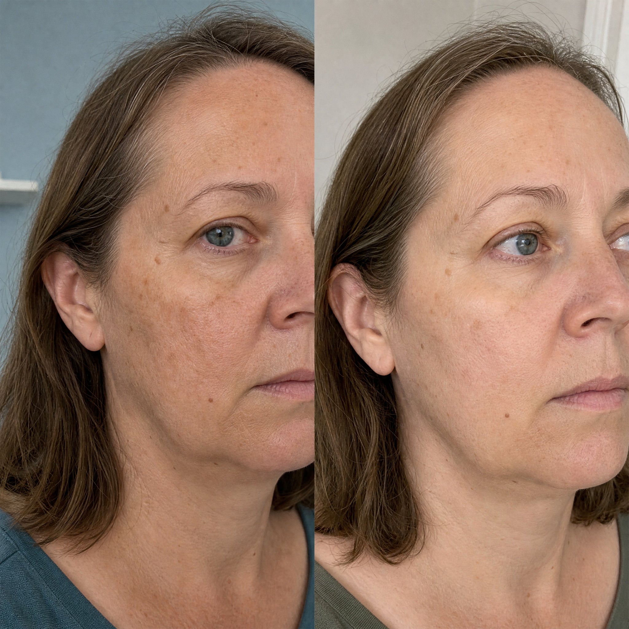 Before and after skin comparison showing a more even, brighter skin tone