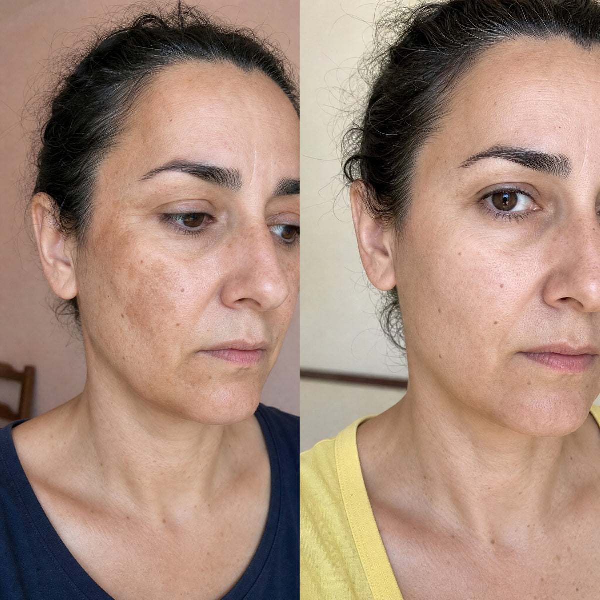 Before and after skin comparison showing a more even, brighter skin tone