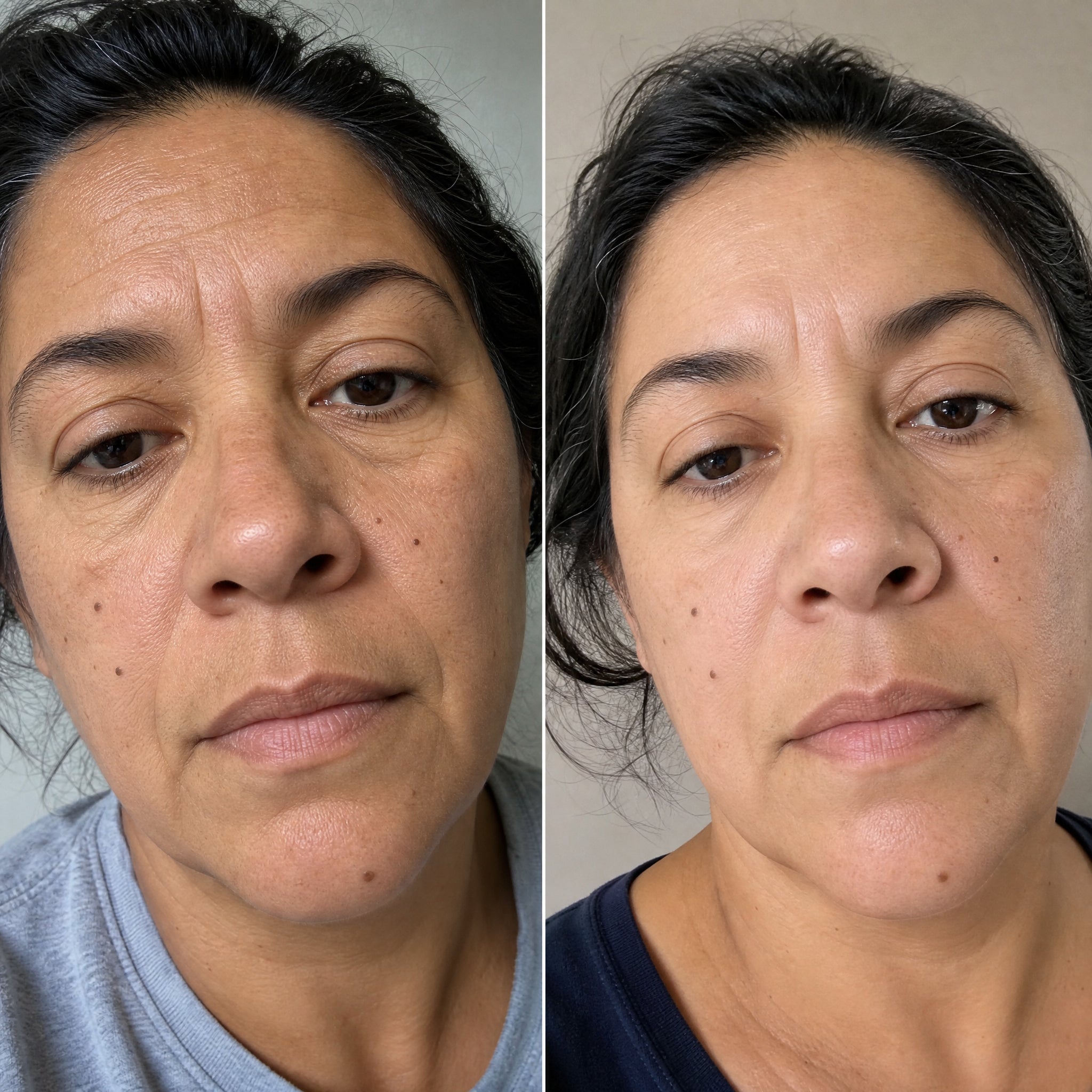 Before and after skin comparison showing a more even, brighter skin tone