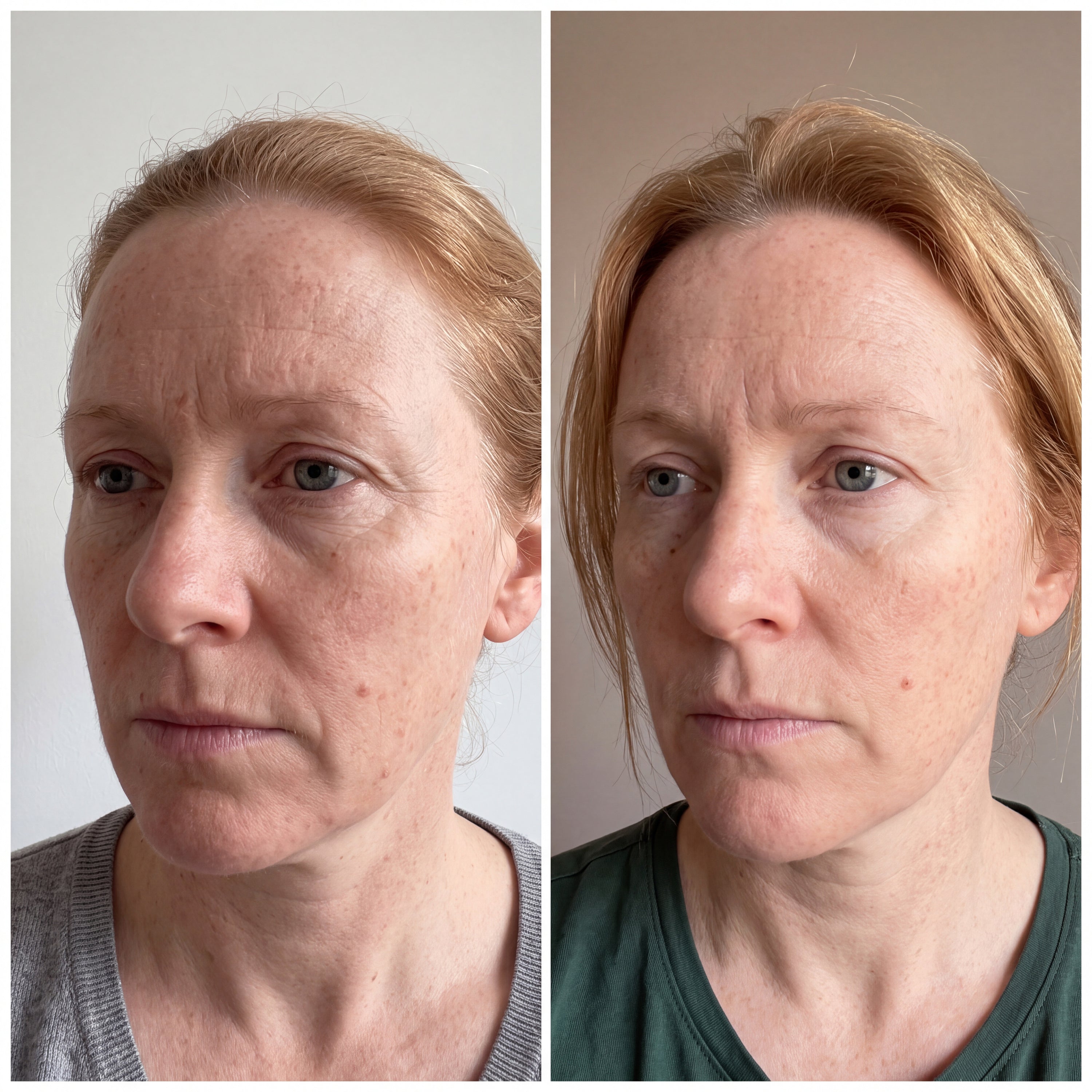 Before and after photographs from a Skingenetix customer, showing dull, uneven tone looking brighter and clearer, with her freckles unchanged