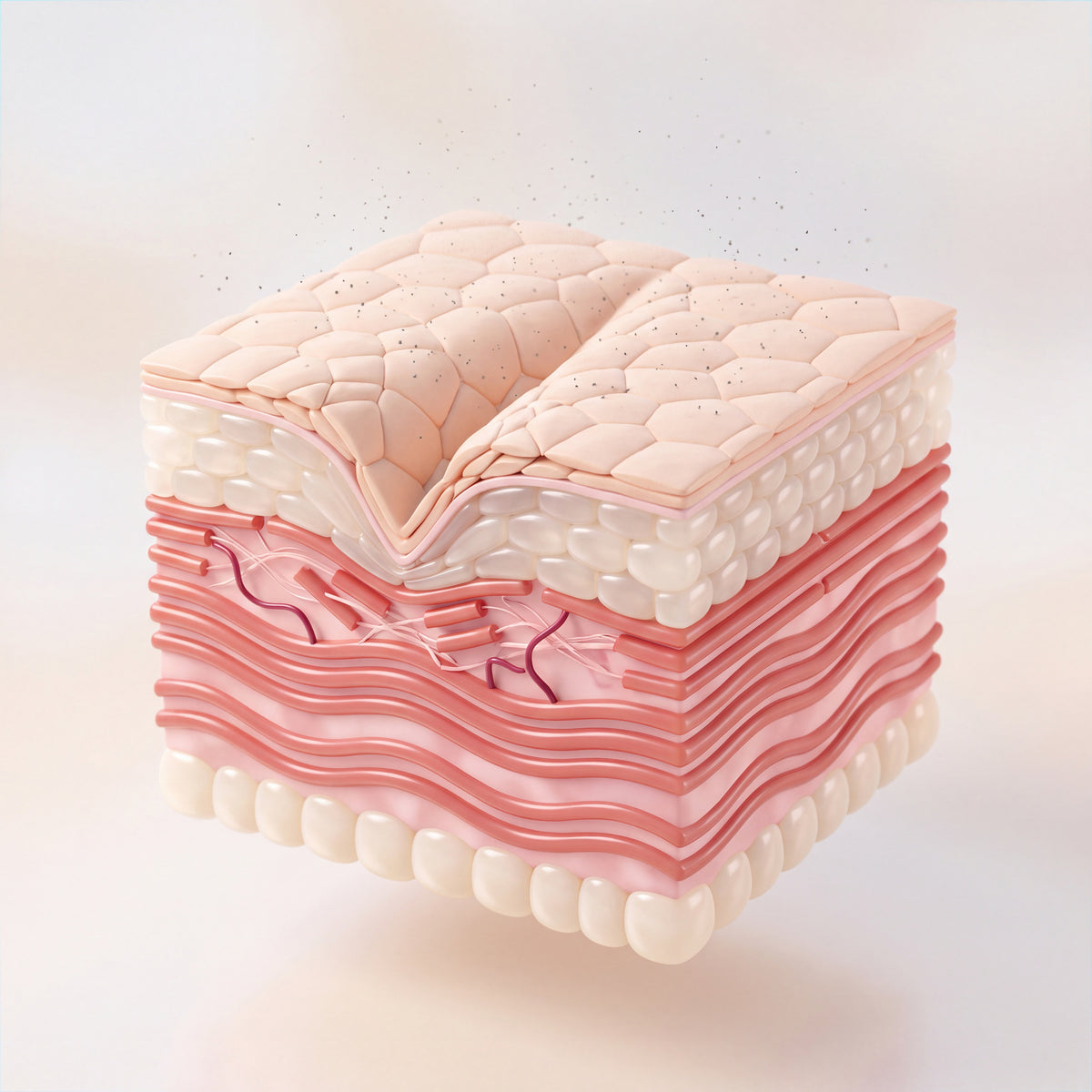 Medical explainer cross-section of ageing skin showing one deep wrinkle, with the dermal junction flattened and the pink collagen fibres broken and slumped directly beneath it, and firmer ordered fibres further along the same block