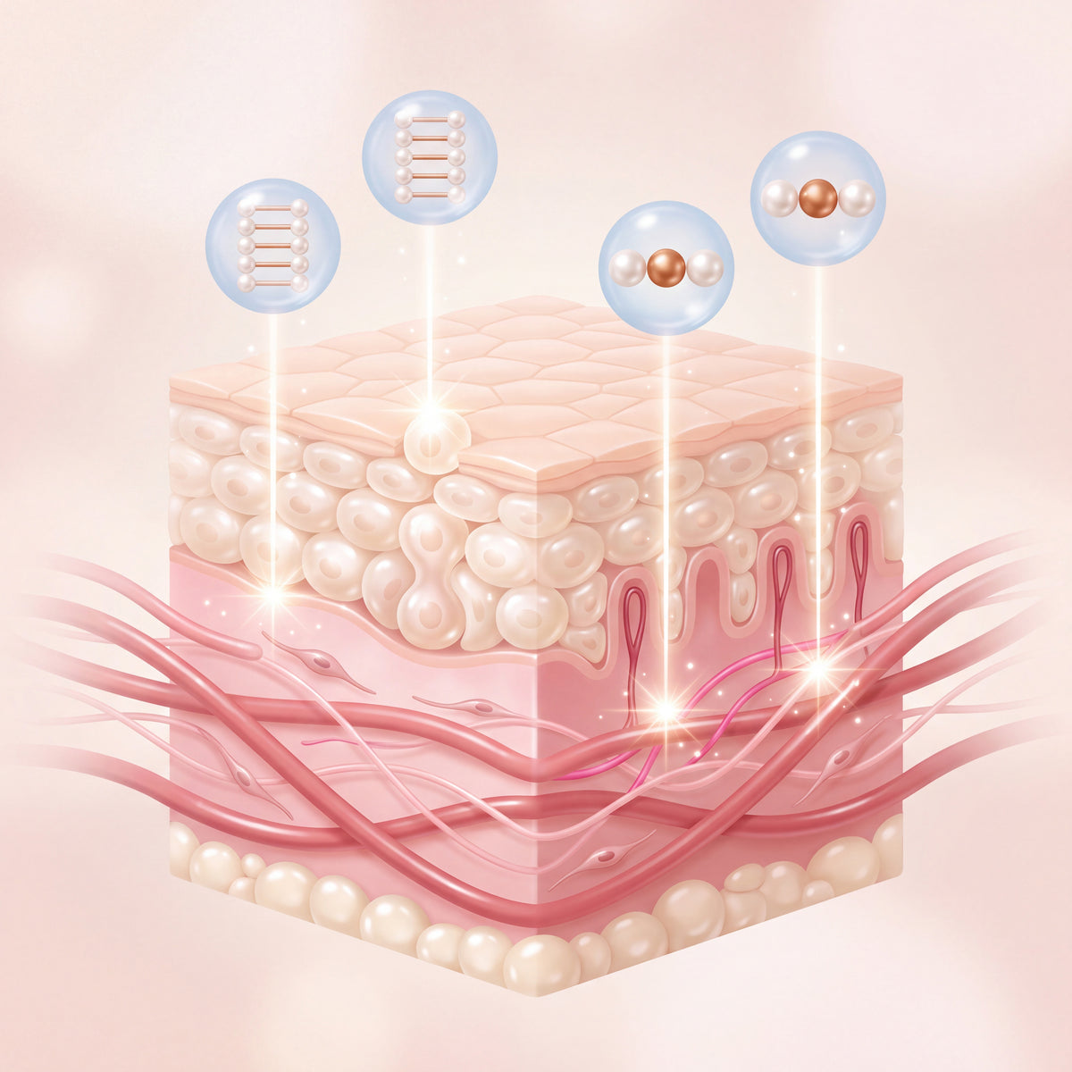 Medical explainer cross-section of skin showing PDRN polynucleotide ladders and copper peptide GHK-Cu tripeptides delivered in droplets, reaching the renewal cell layer and the pink collagen fibres below, with the surface layer left whole
