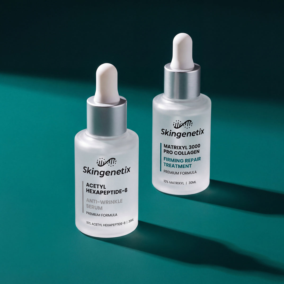 Skingenetix Fine Lines & Wrinkles Peptide Duo Set - both serums under hard directional light with a sharp cast shadow