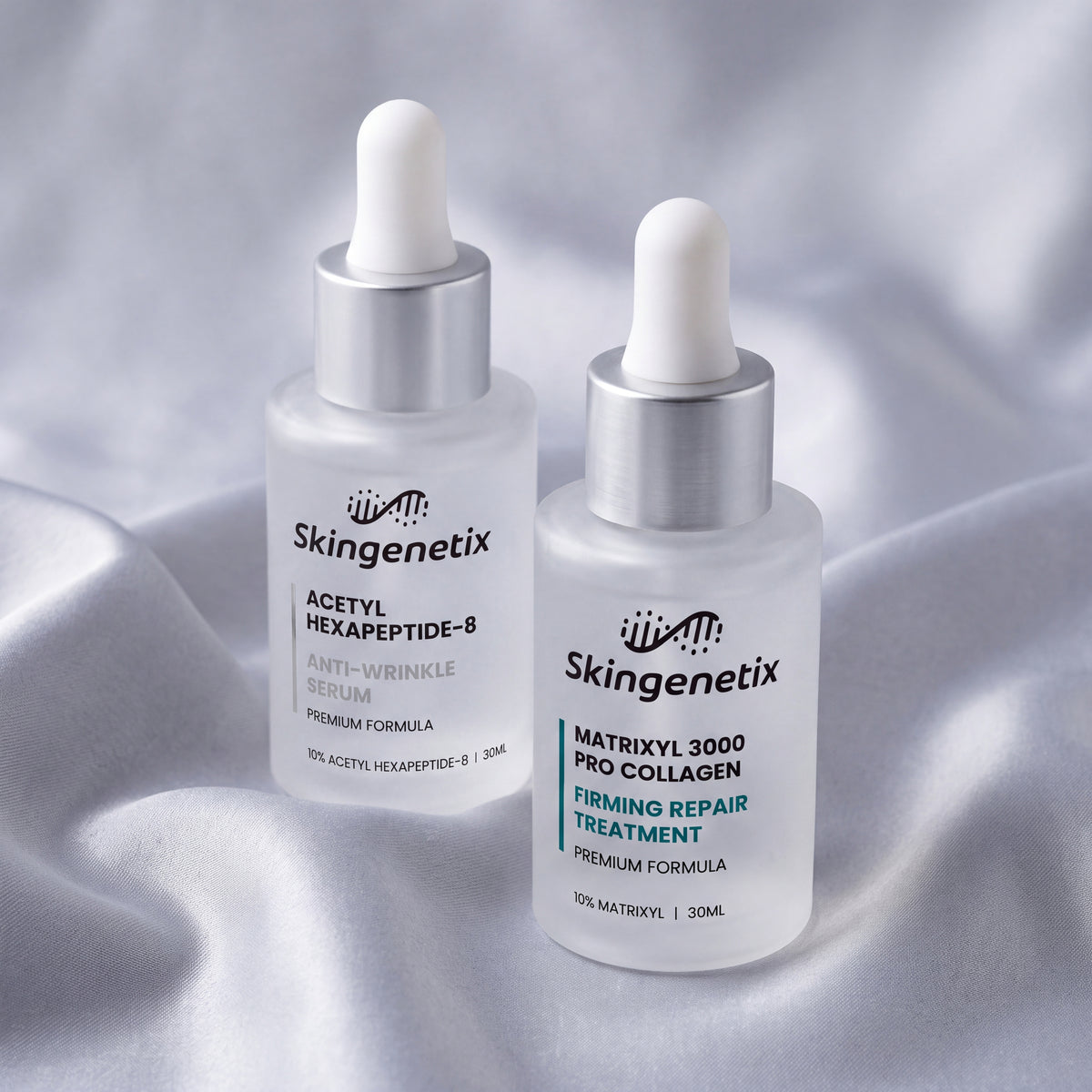 Skingenetix Fine Lines & Wrinkles Peptide Duo Set - both serums arranged on draped pale silk