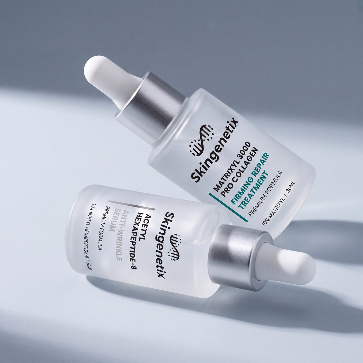 the acetyl hexapeptide-8 and matrixyl 3000 serums lying tumbled together